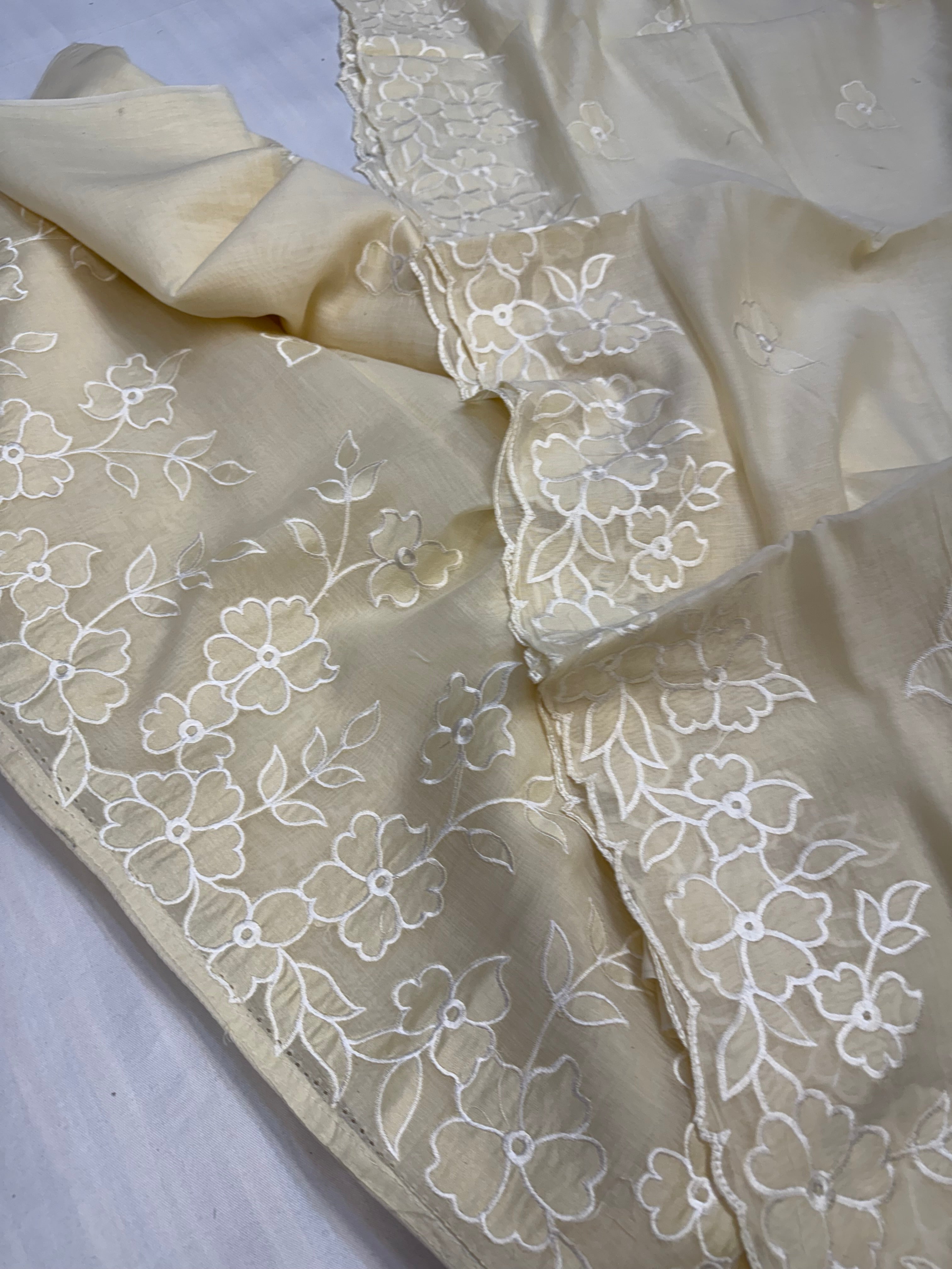 Mul cotton soft beige appliqué work kadhwa suit set