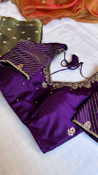 Sitara purple katan silk hand embroidered blouse piece                 SIZE - 36 to 38