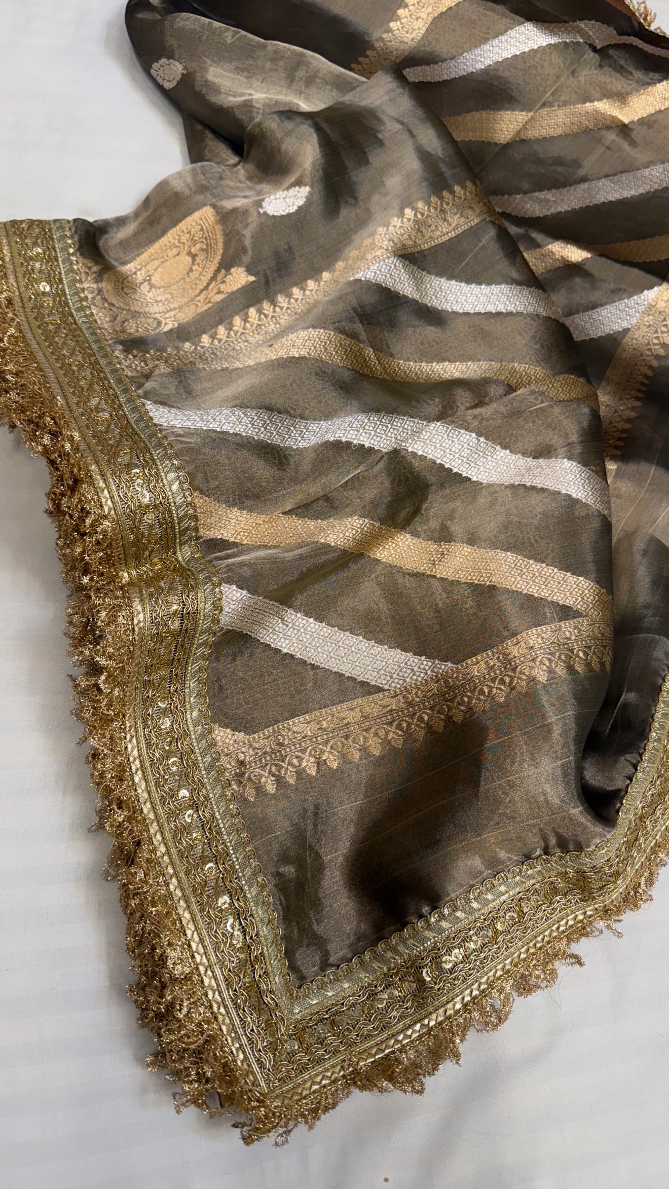 Maharani english grey tissue silk kohniya buti kadhwa saree