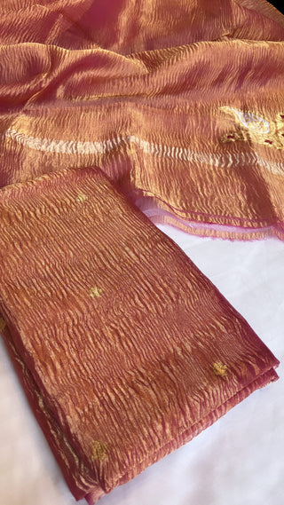 Pure banarasi peachish- pink crushed tiisue silk kadhwa sona rupa meenedar buti three piece suit set