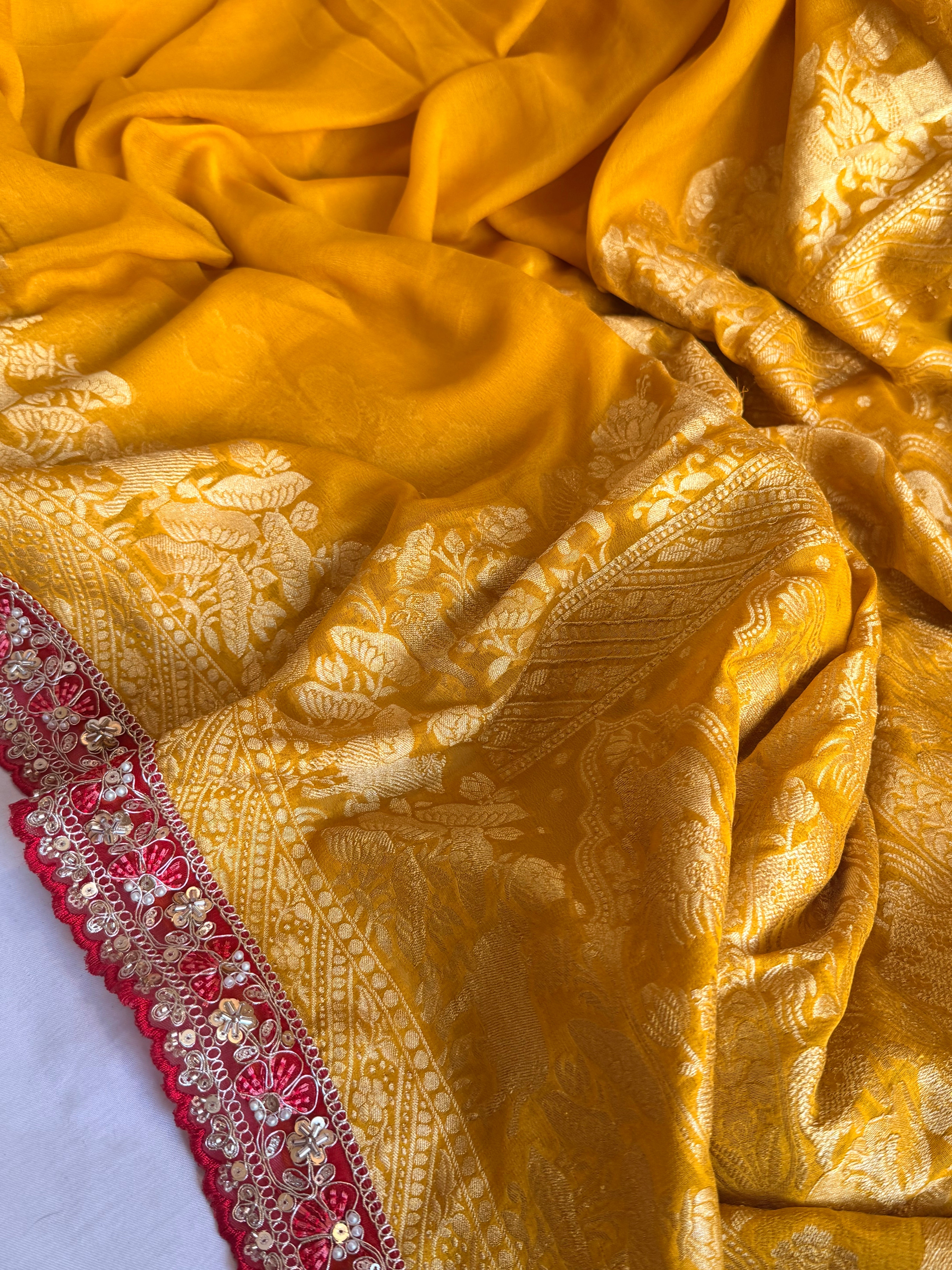 Haldi yellow shikargah kadhwa border chiffon gorgette banarasi saree