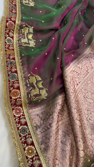 Cocktail wali sarees - Magenta pink dhup chao effect tissue silk hand embroidered saree