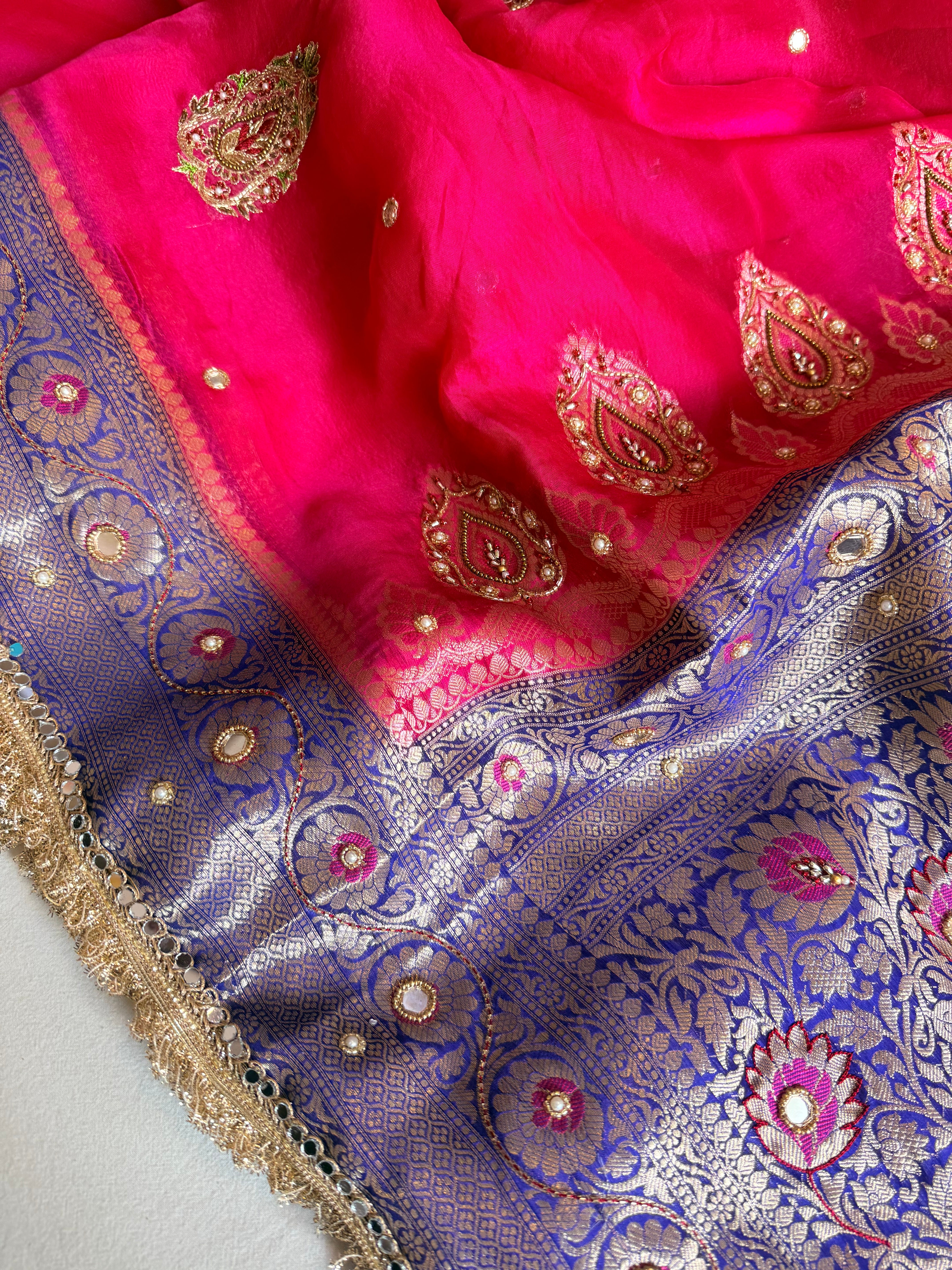 Husn ganga jamuna contrast border kora silk hand embroidered saree
