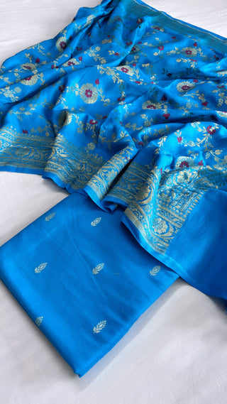 Firozi blue moonga silk meenakari jungla duppata suit set