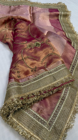 Cocktail wali saree - Rani pink tissue silk heavy hand embroidered saree