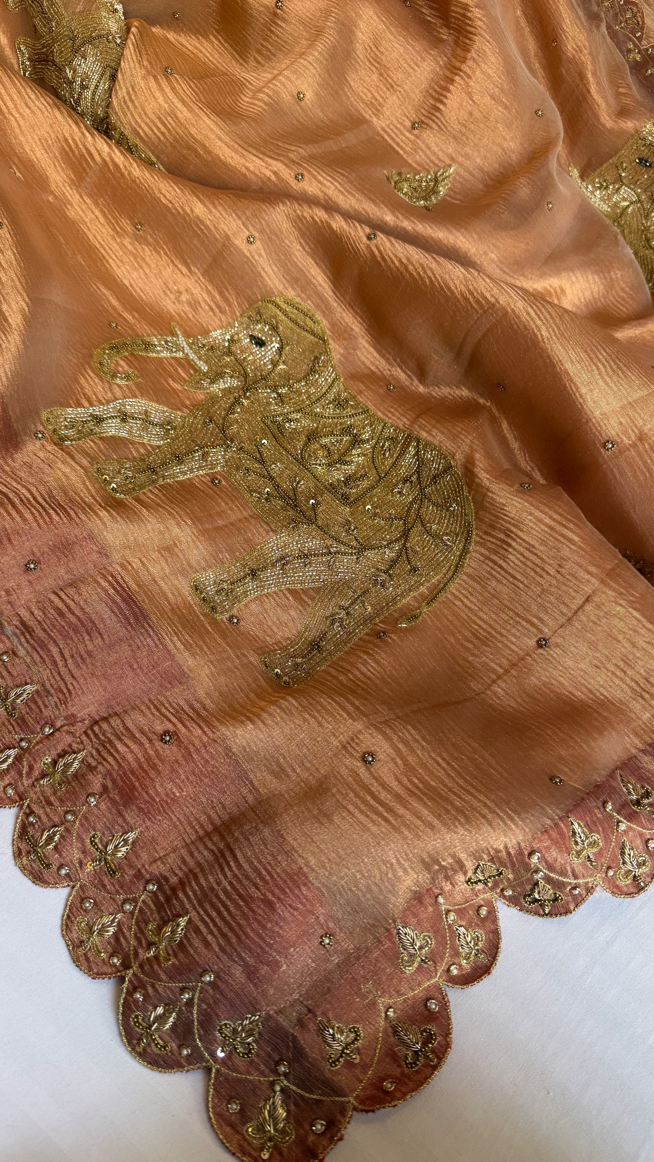 GajGamini copper crushed tissue silk elephant motif meenekari heavy hand embroidered saree