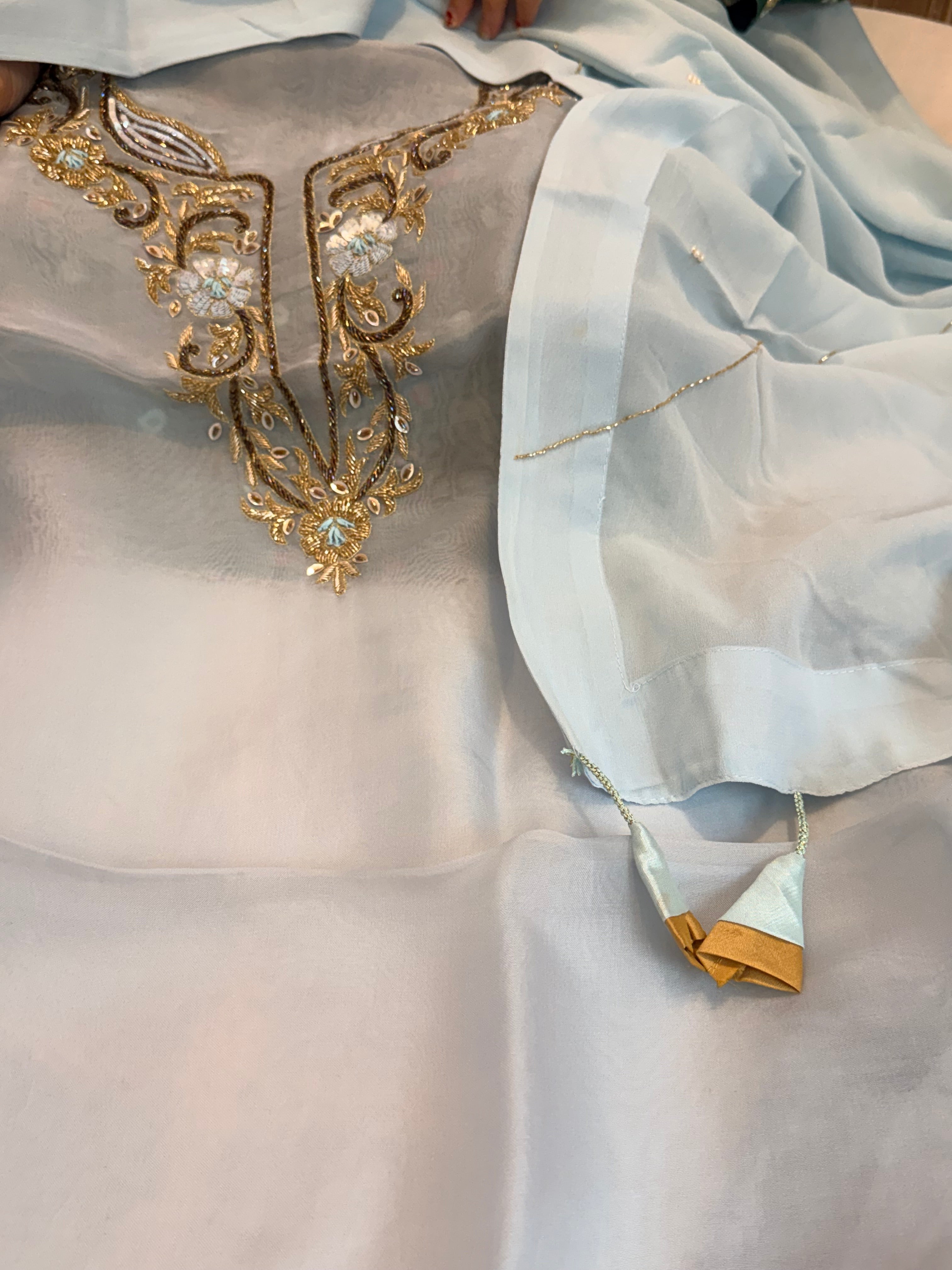 Ice blue kora silk gotapatti hand embroidered suit set
