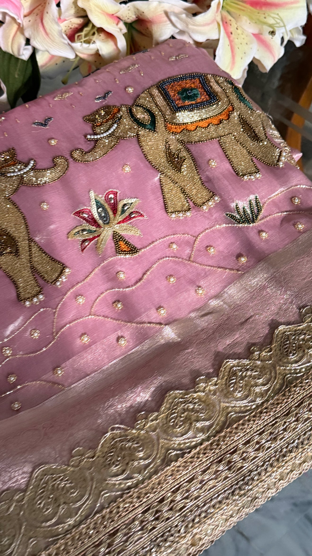 First meeting wali saree - Blush pink elephant and jungle motif hand embroidered tissue silk saree