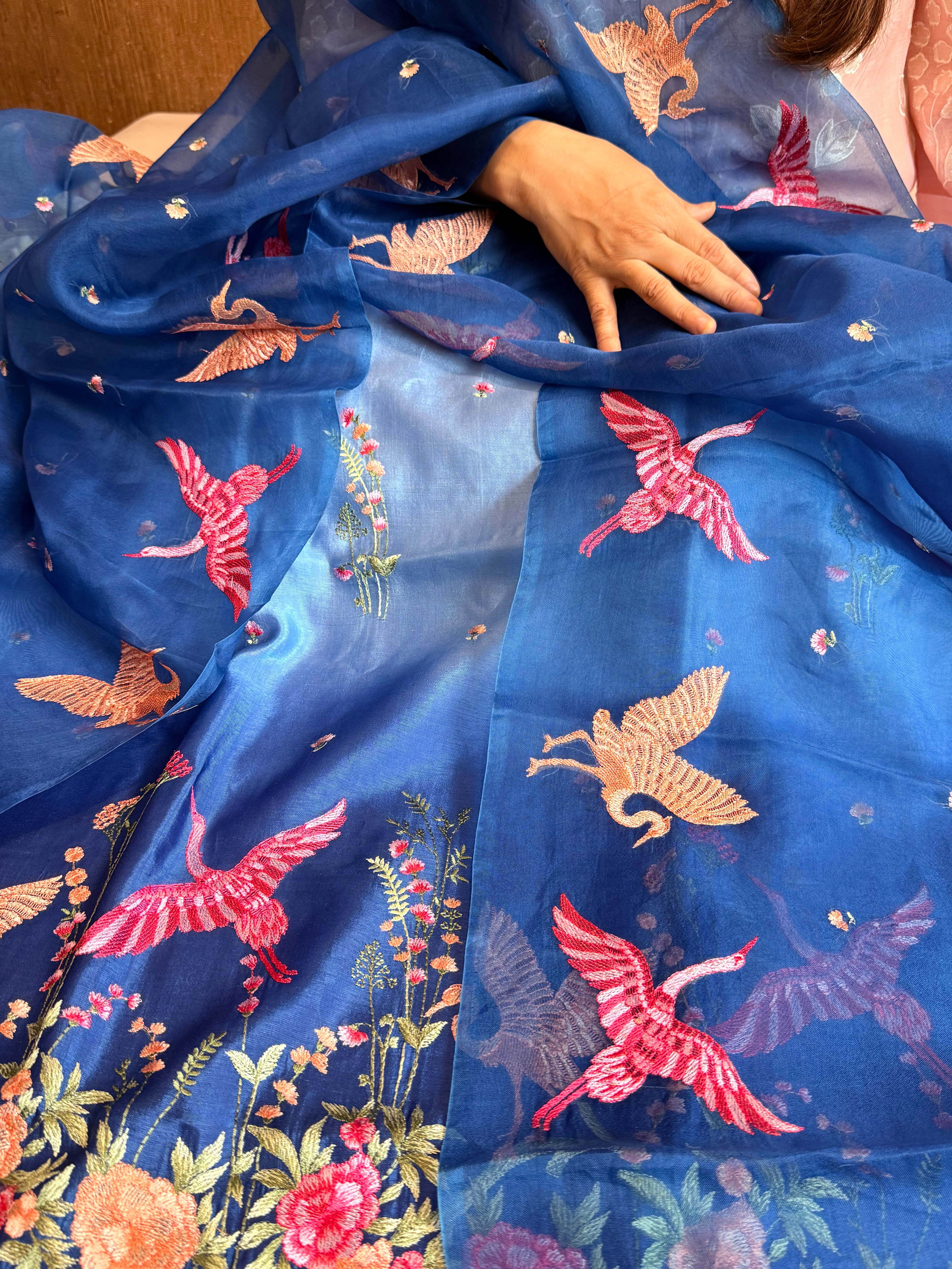 Mango silk flamingo motif hand embroidery suit set