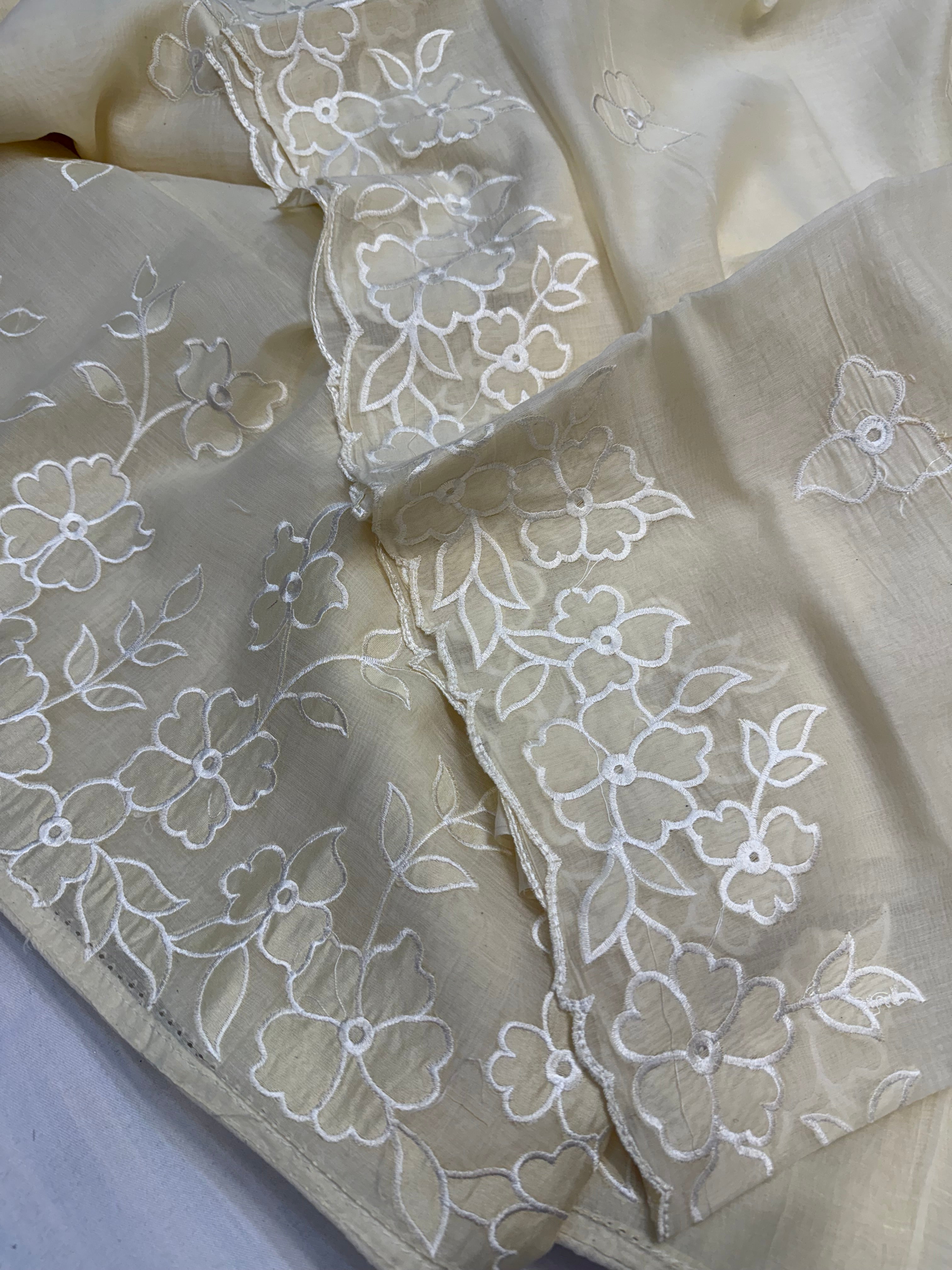 Mul cotton soft beige appliqué work kadhwa suit set