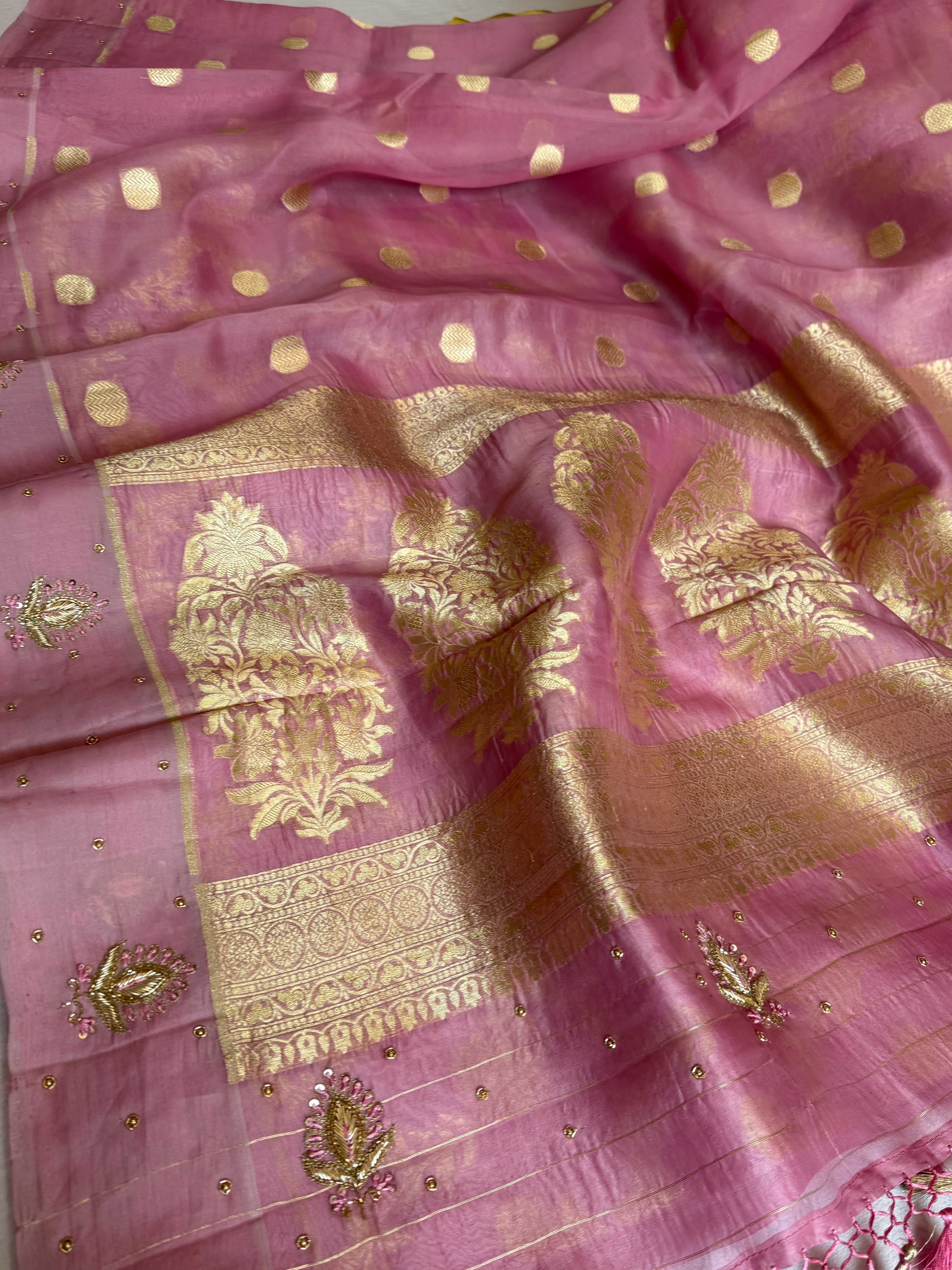Blush pink banarasi kora silk kadhwa hand embroidered