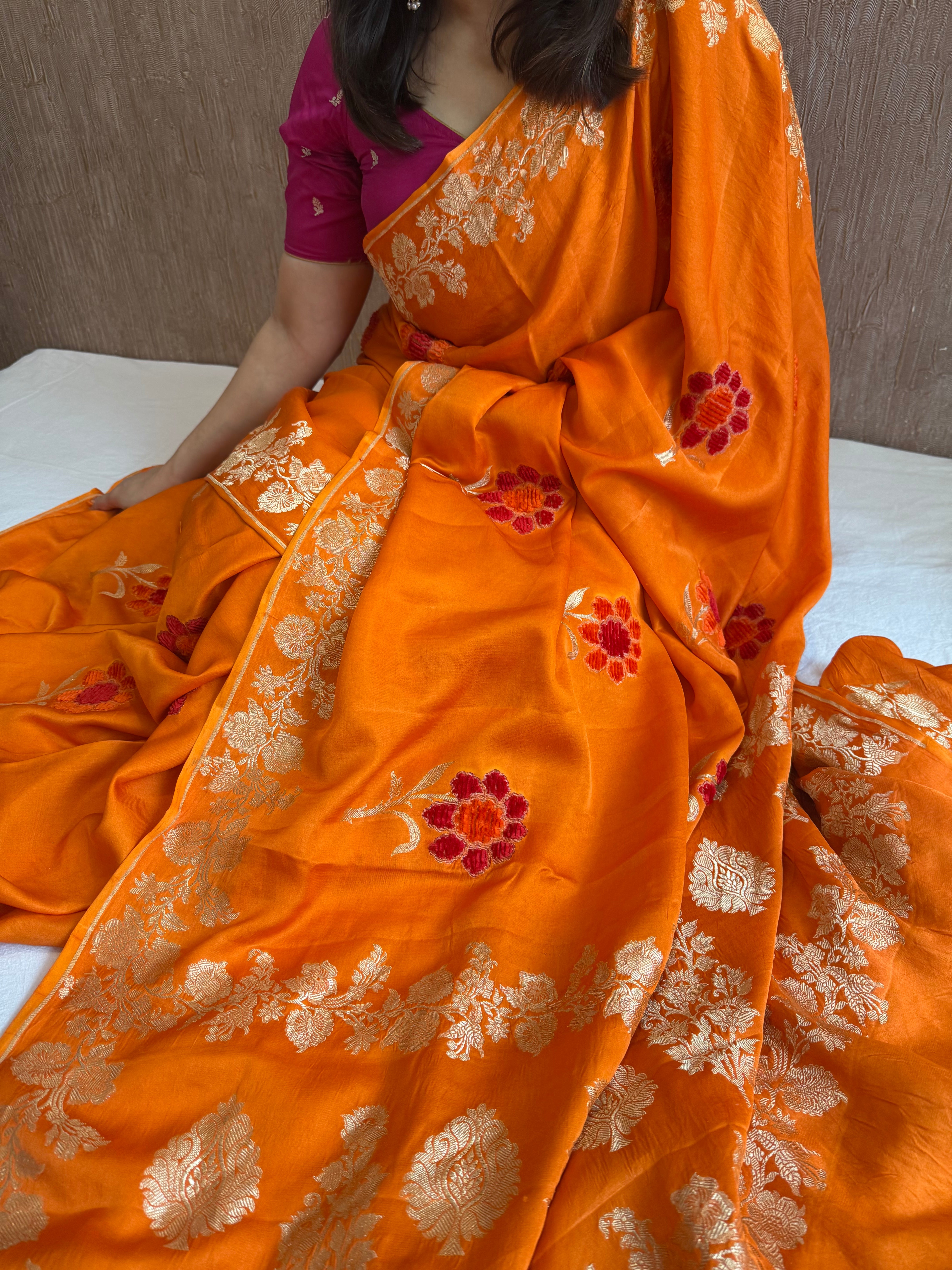 Banarasi fanta orange mashru silk heavy weaving saree with velvet hand embroidered weaving
