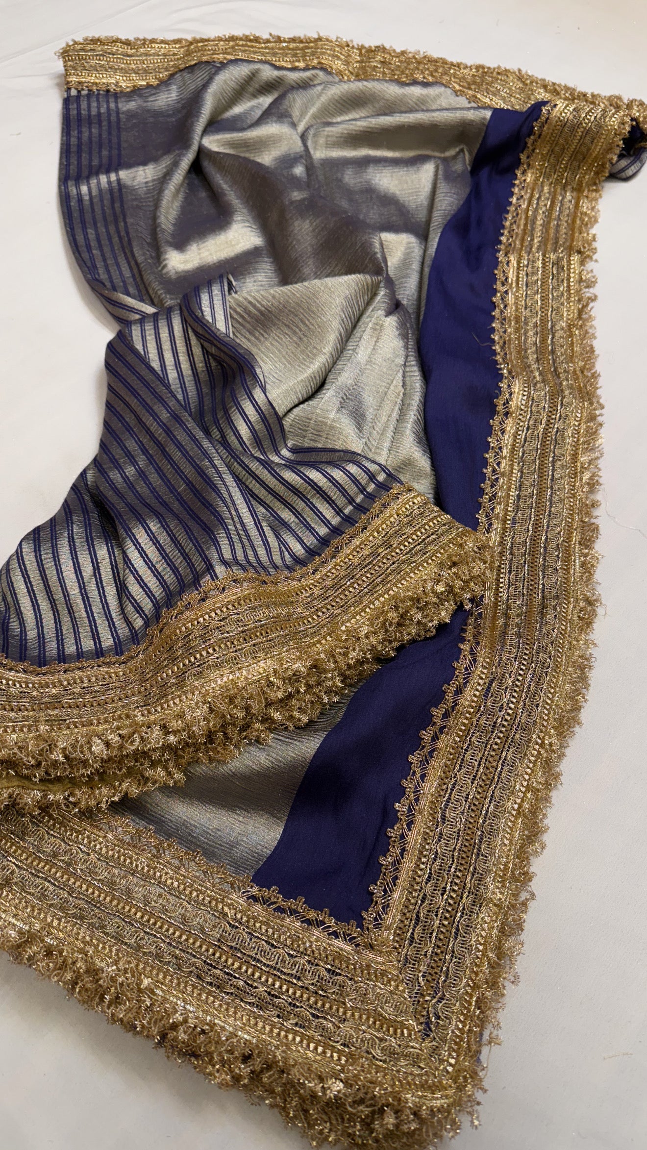 Moonga crushed tissue silk navy blue saree