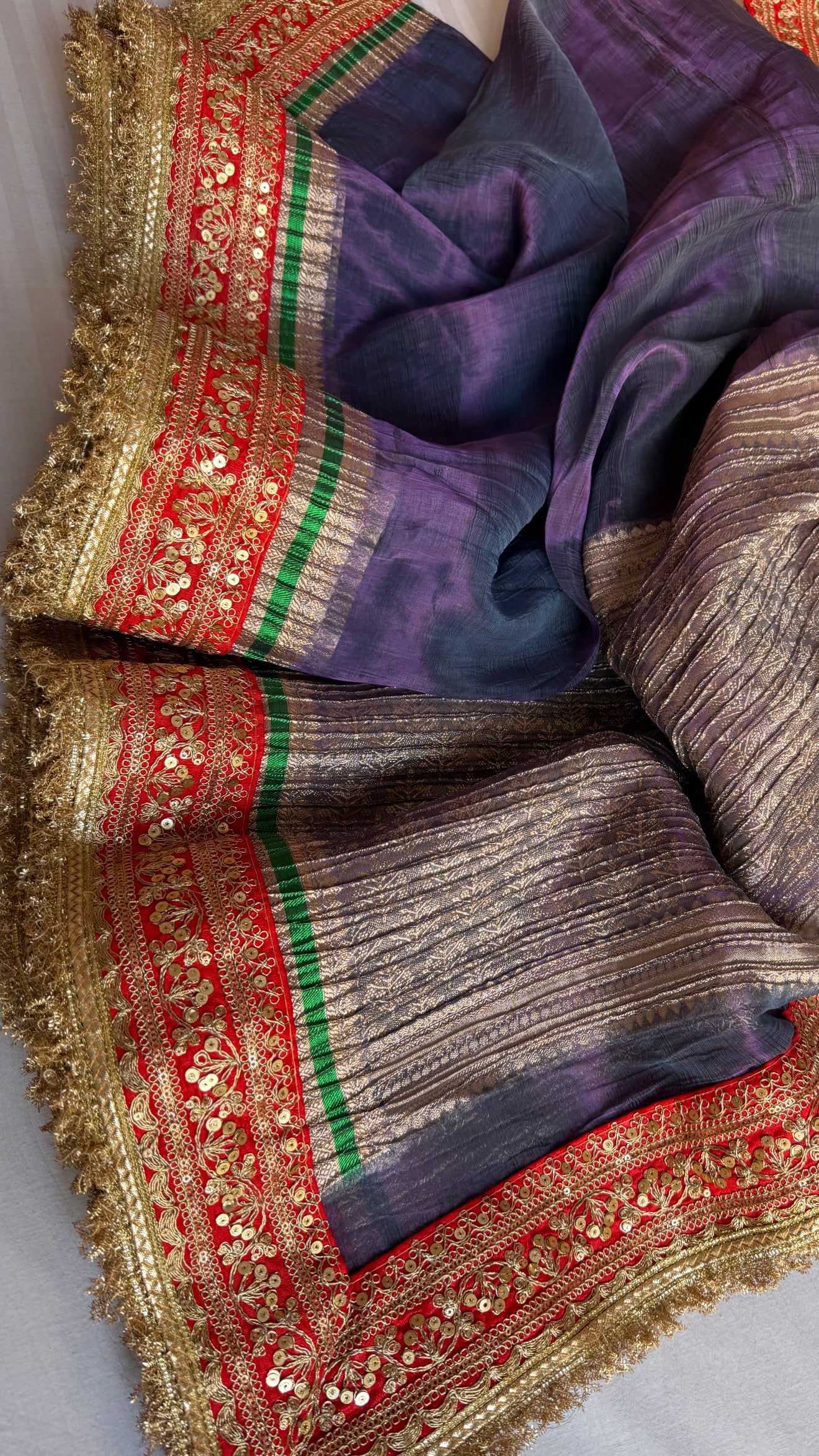 Midnight blueish-purple dhup chao effect pleated maharani tissue silk saree