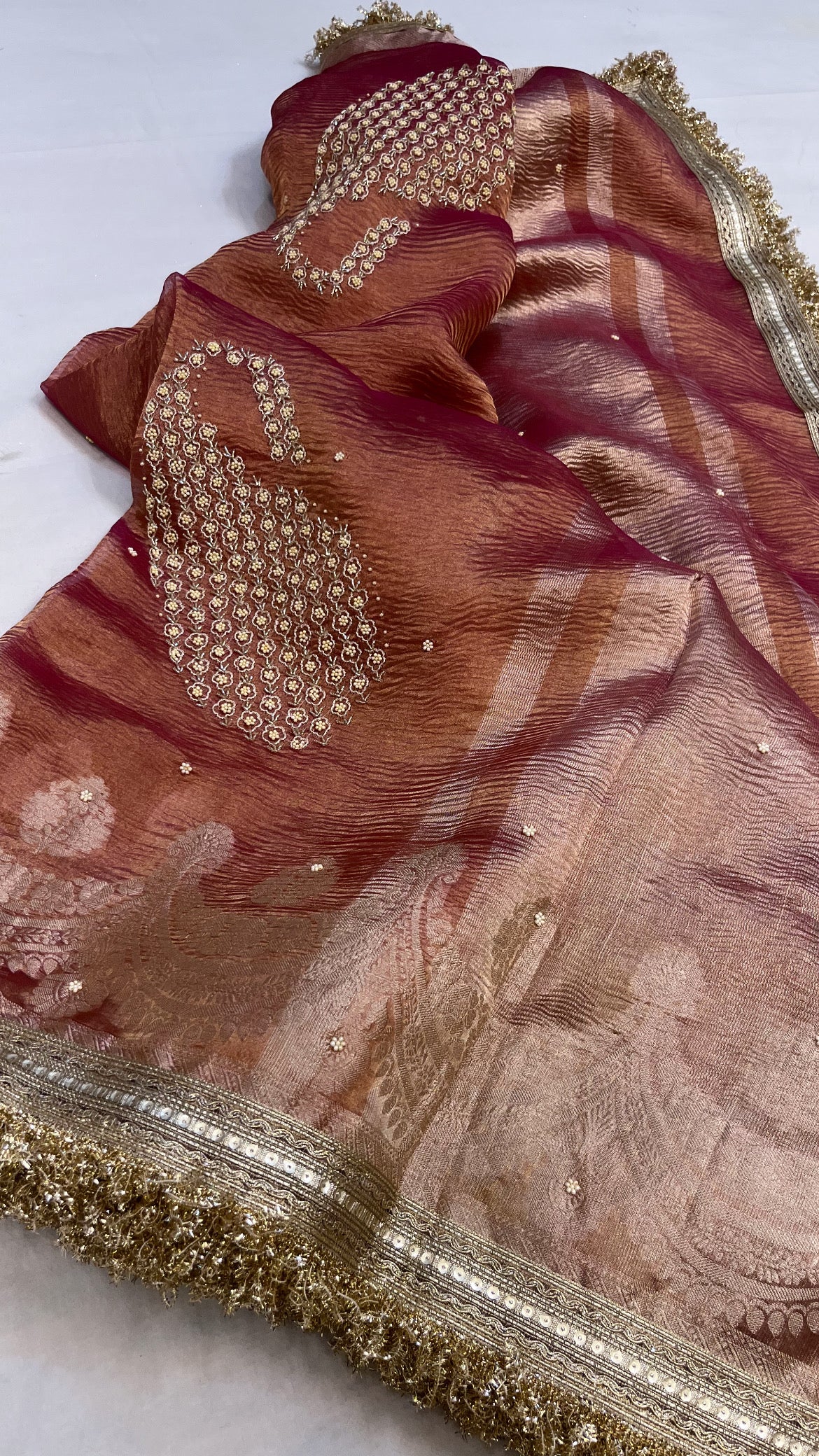 Husn cherry pink tissue silk hand embroidered saree