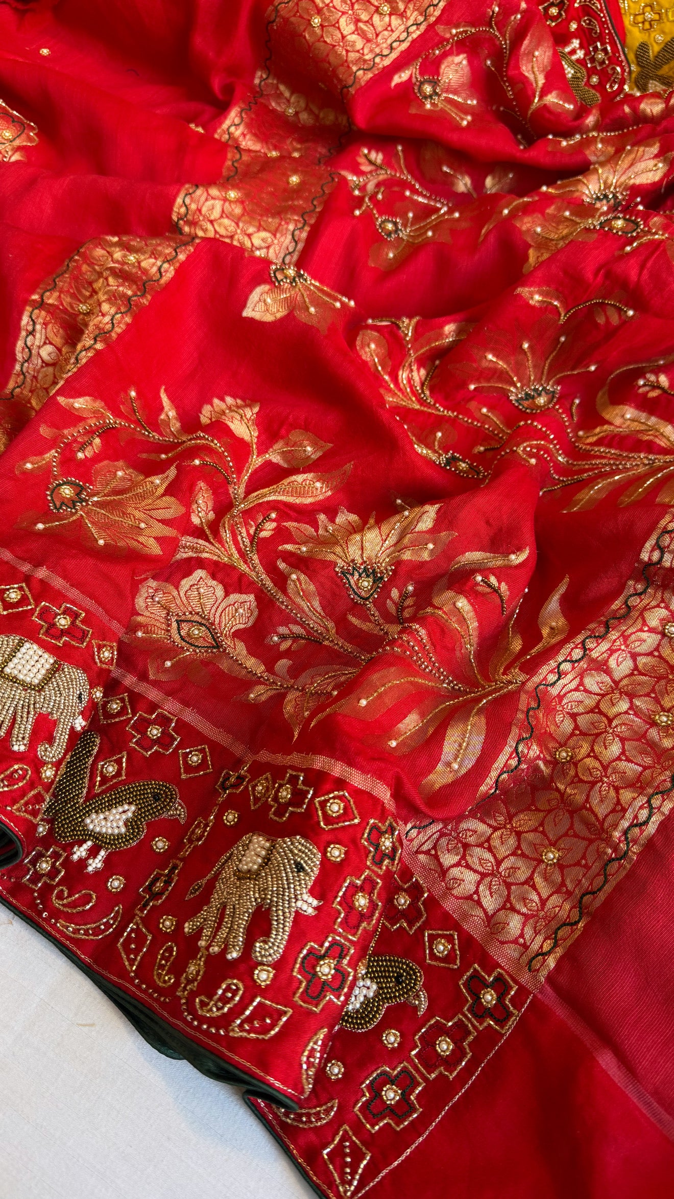 Moonga silk ikkat Patola weaving inspired hand embroidered kadhwa weaving saree