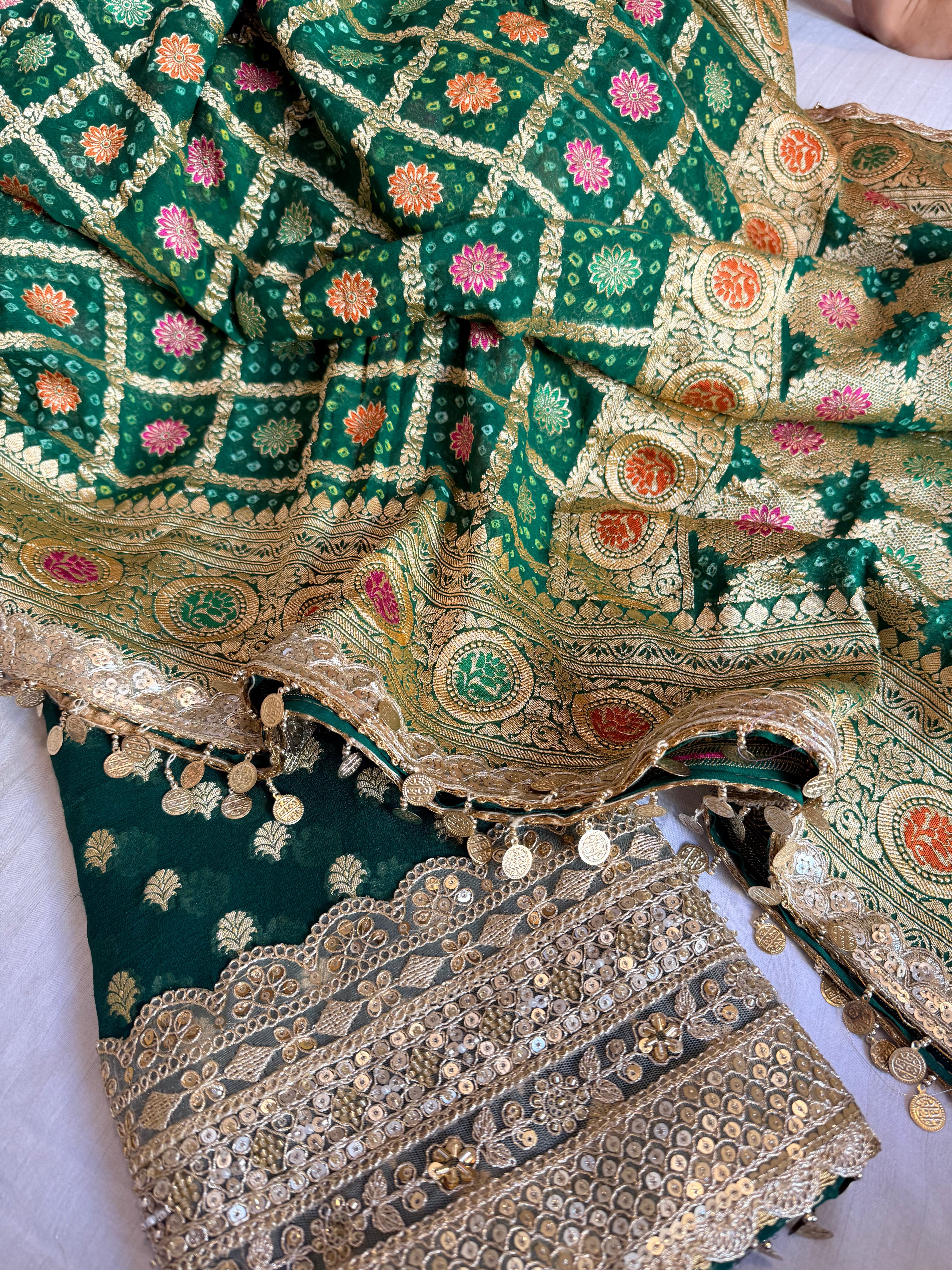 Rai bandhej emerald green banarasi chiffon gorgette gotapatti suits