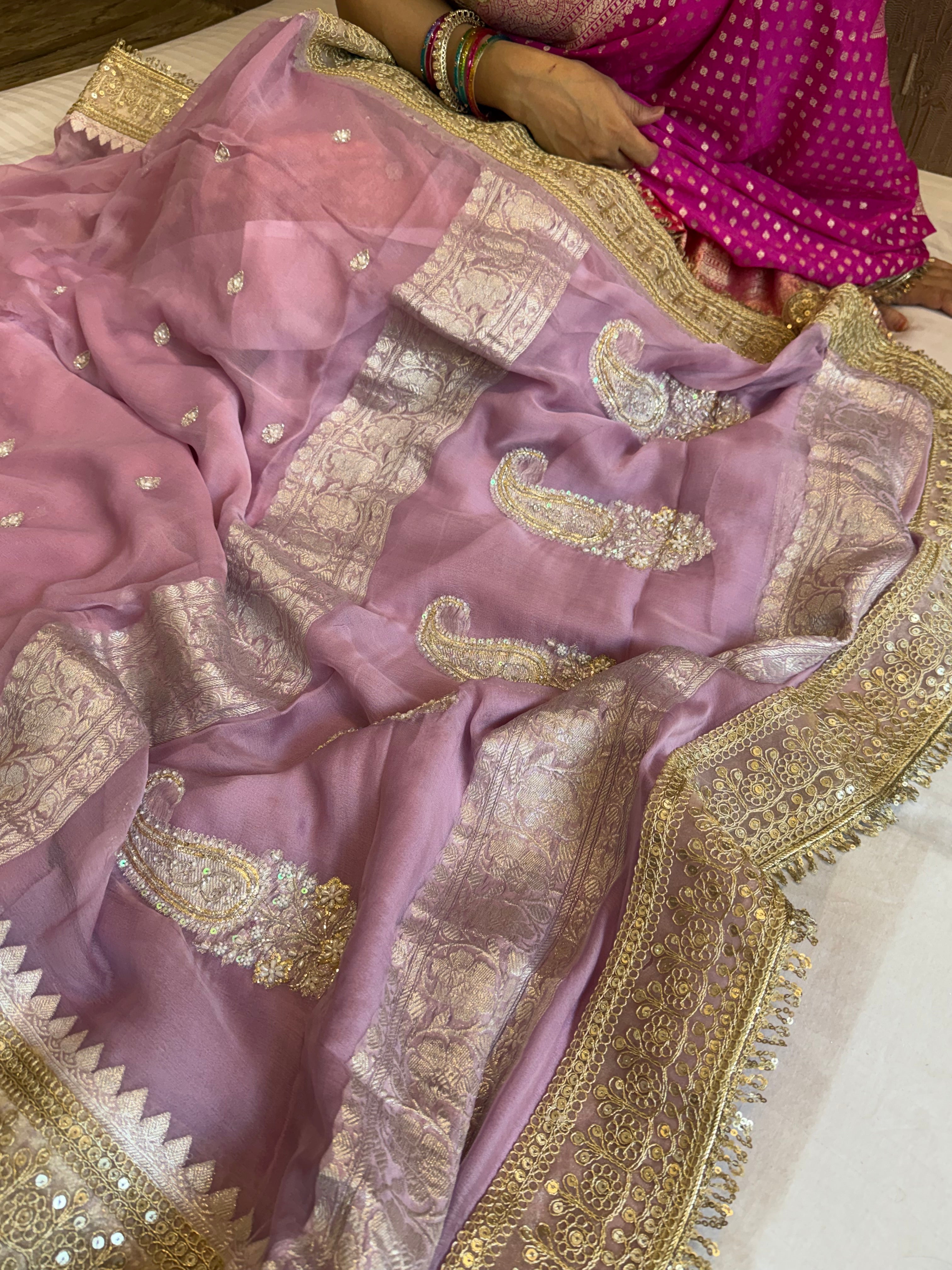 Paro banarasi chiffon gorgette hand embroidered kadhwa saree