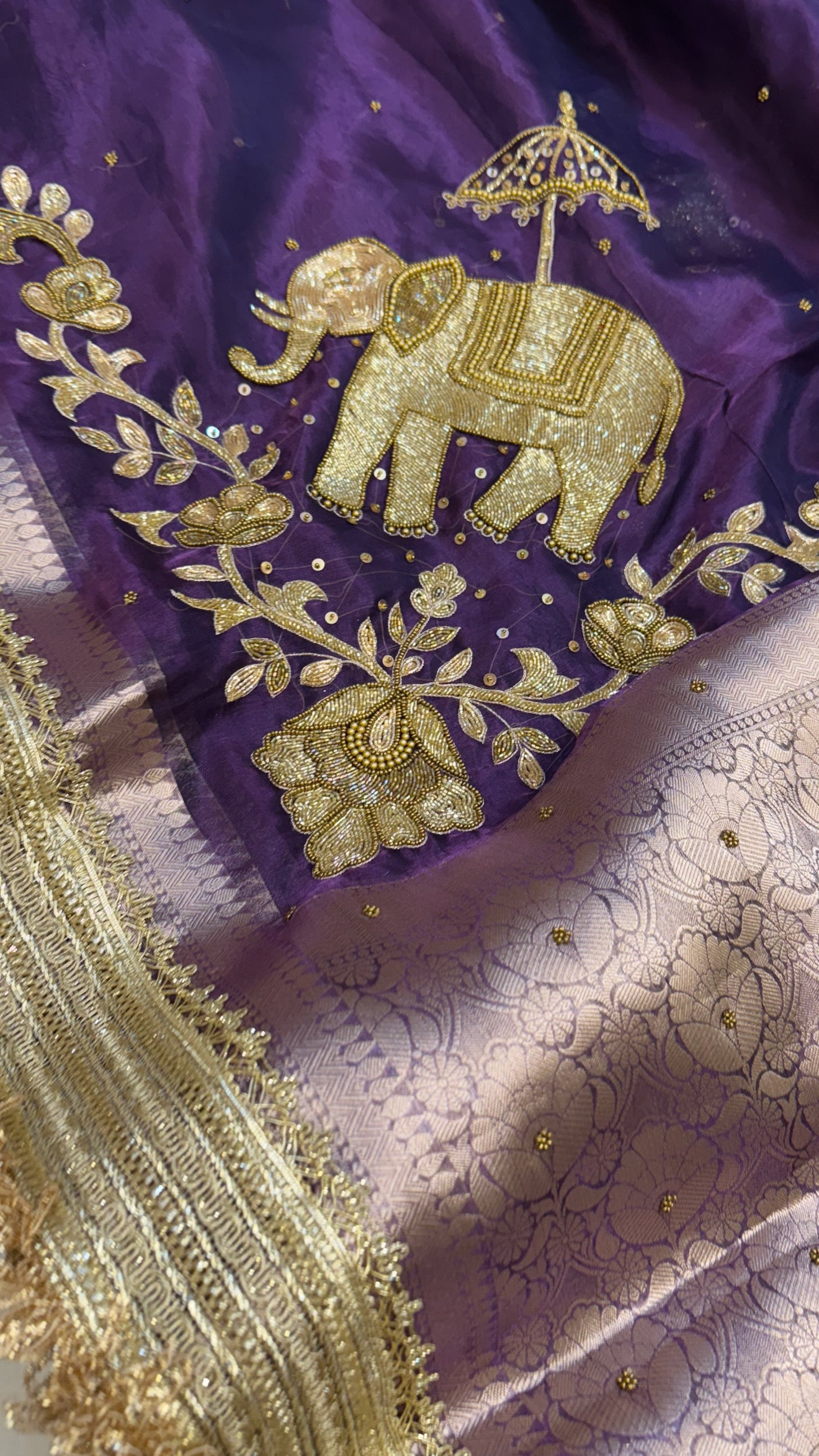 Dulhan ki maa wali sarees - Midnight purple elephant motif hand embroidered saree