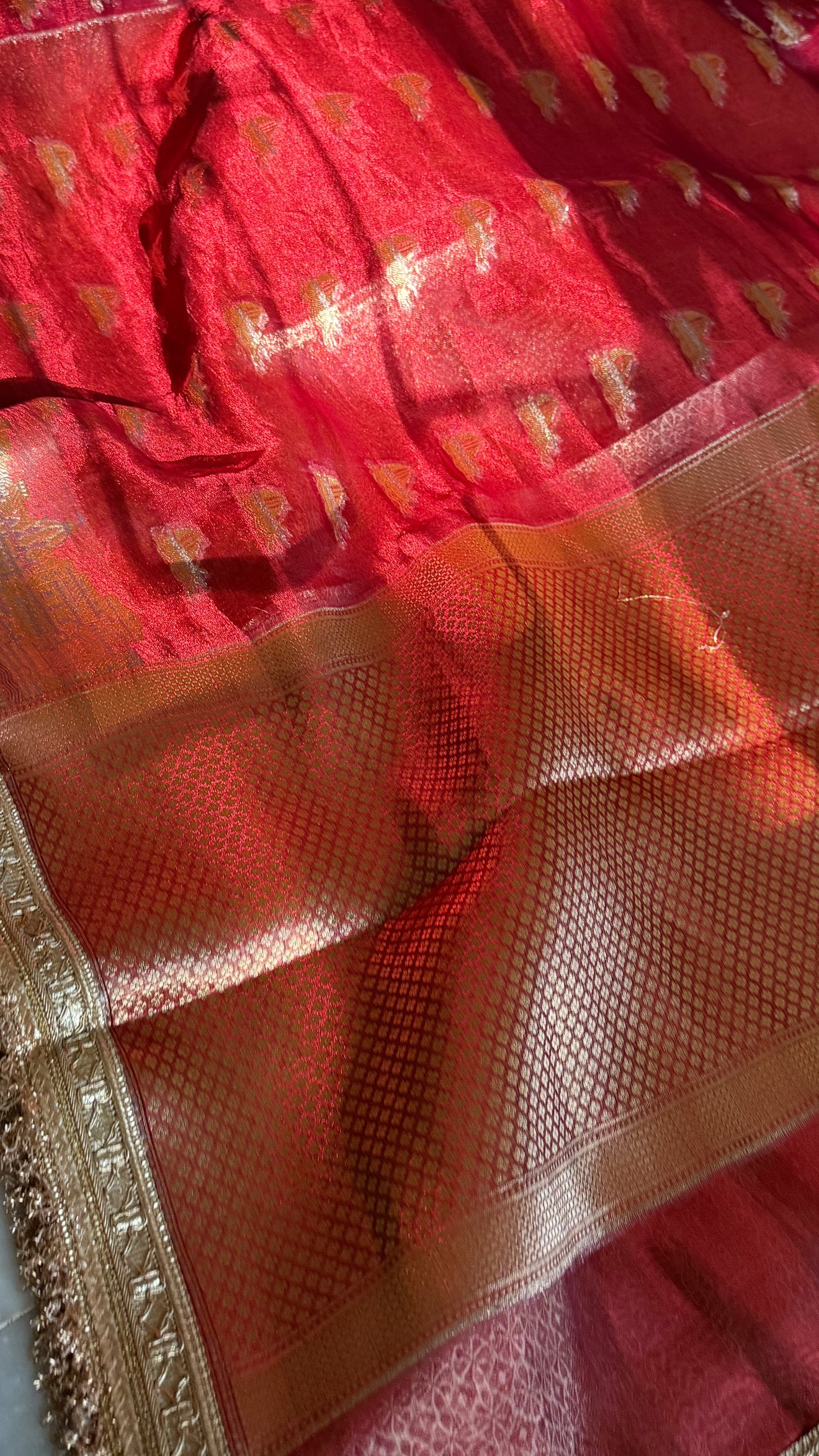 Teej Special - Banarasi ghat buti tissue silk mulberry red kadhwa saree