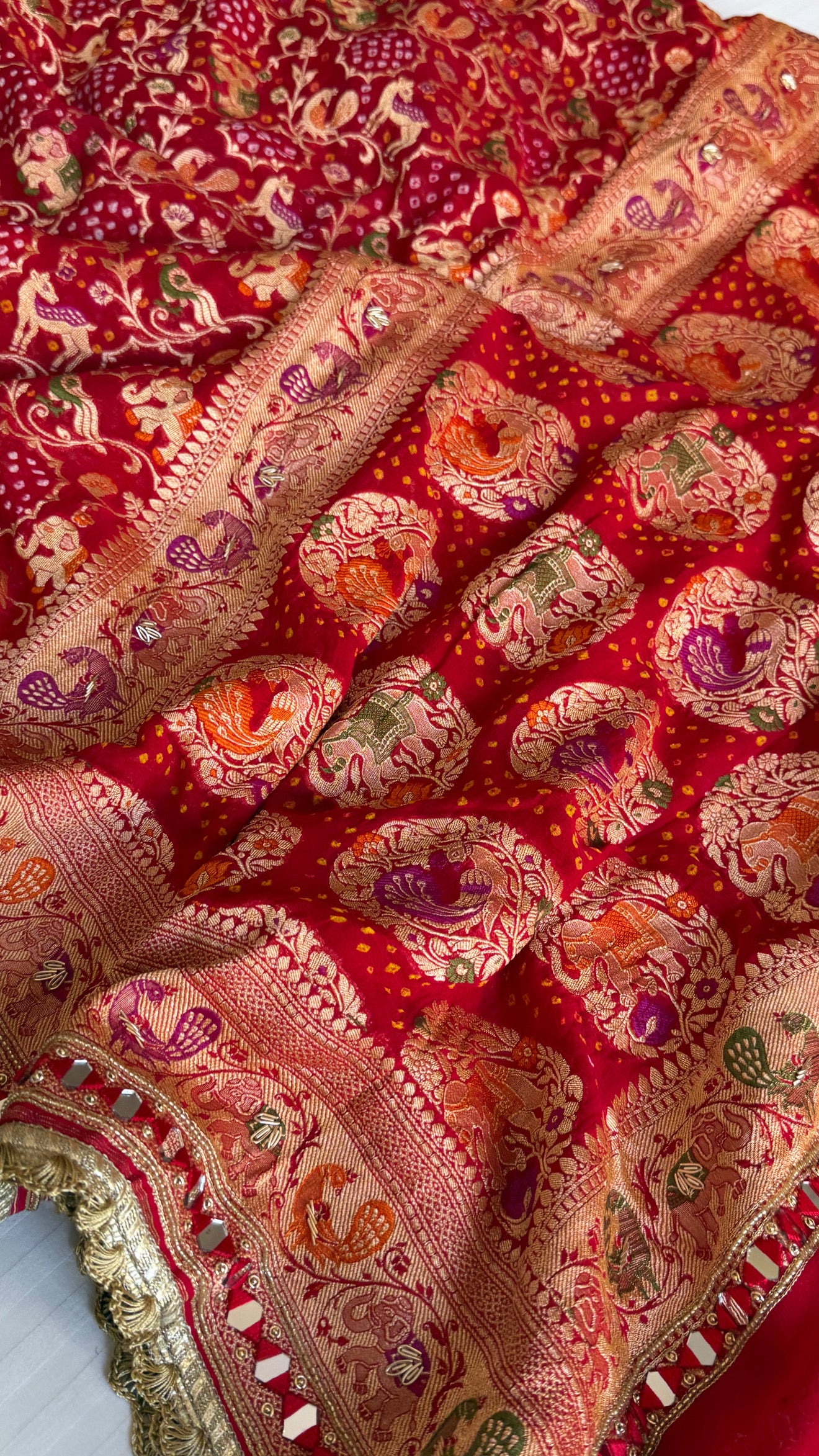 Mirror work shikargah motif hand embroidered banarasi bandhej saree