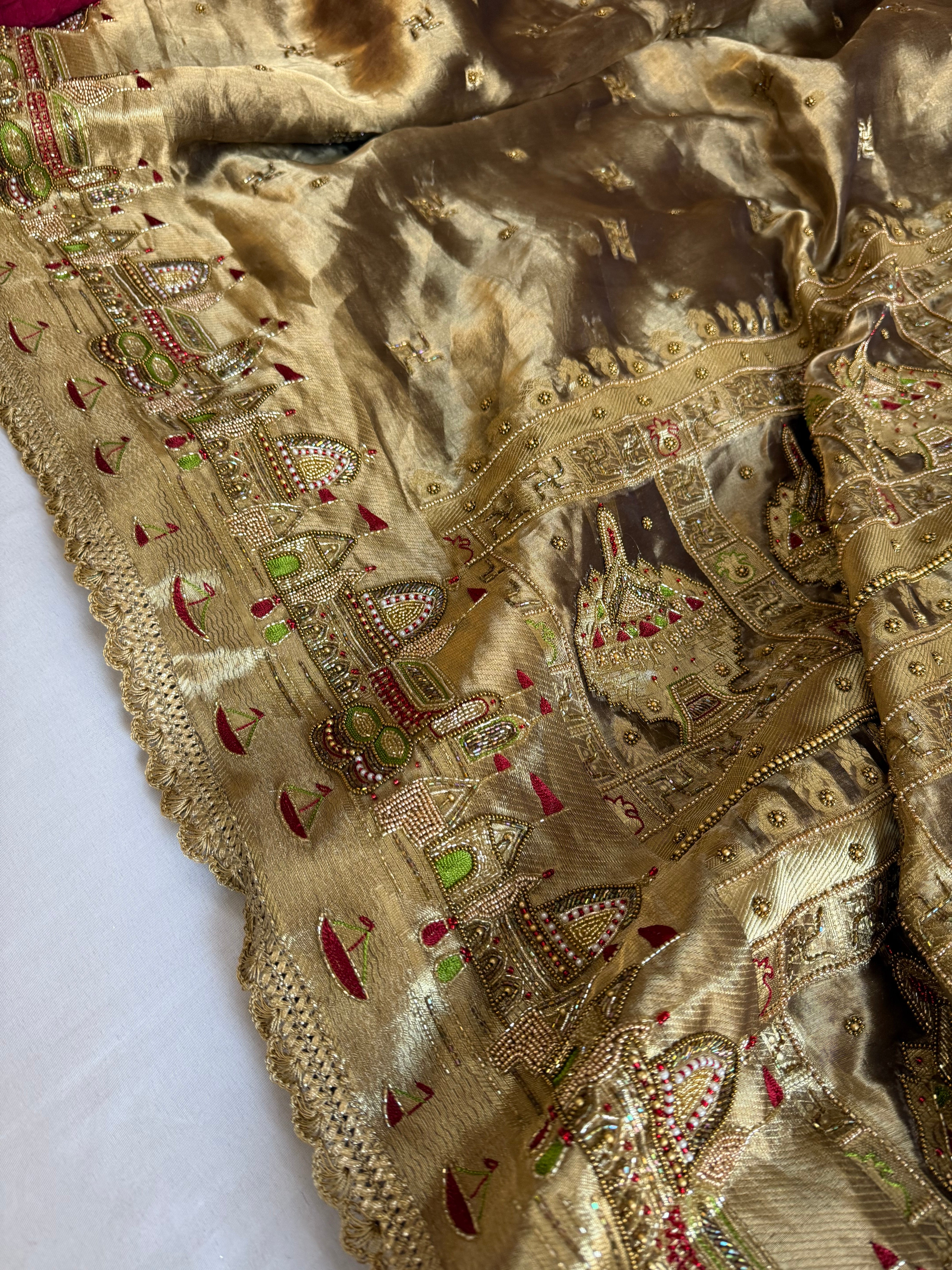 Gangaghat edit saree - Molten antique gold tissue silk meenakari hand embroidered kadhwa saree