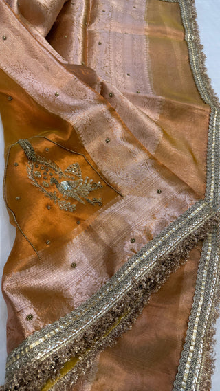 Cocktail edit sarees - Metallic haldi gold tissue silk heavy hand embroidered saree
