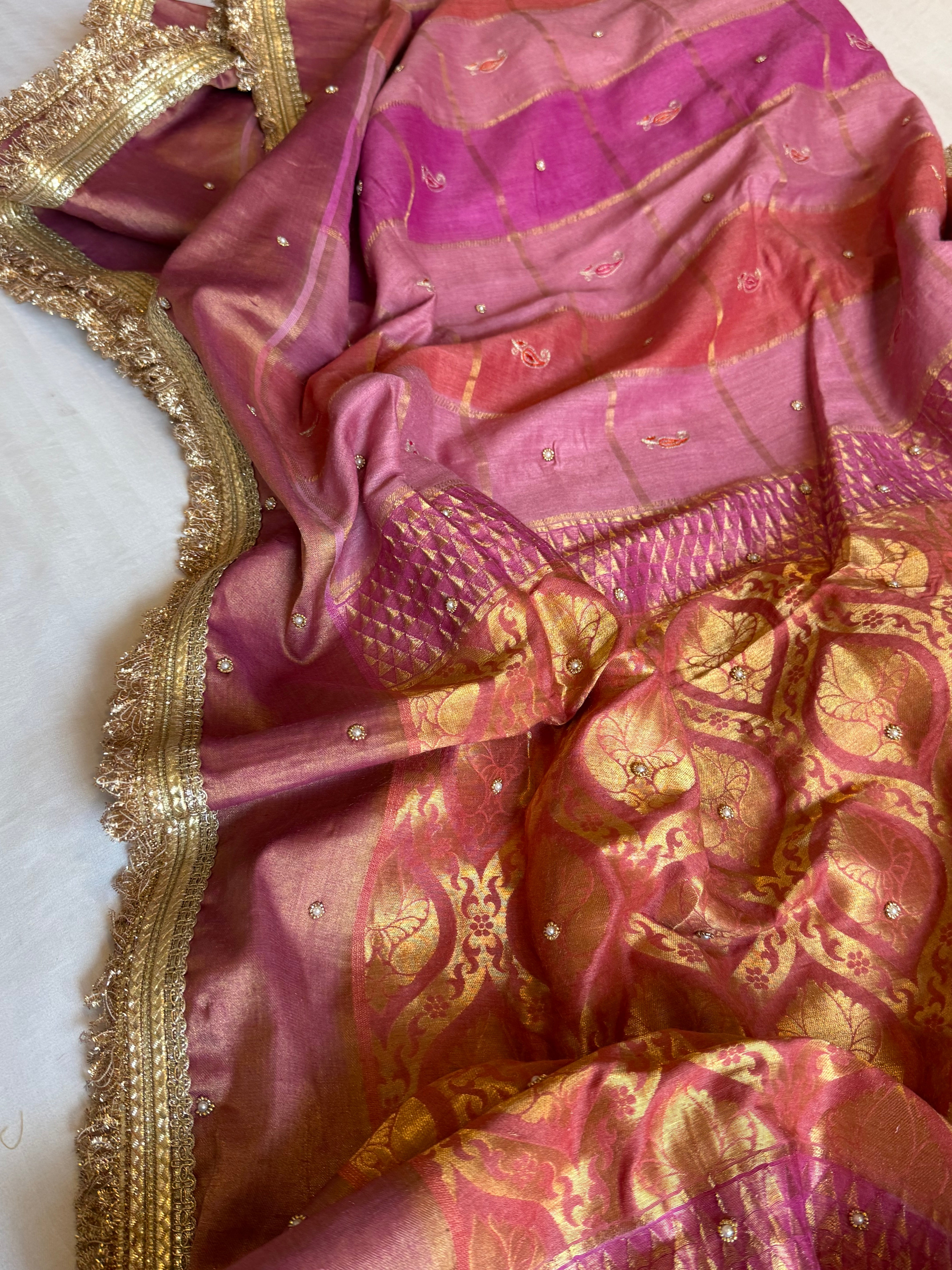 Moonga silk rangkaat kadhwa hand embroidered saree