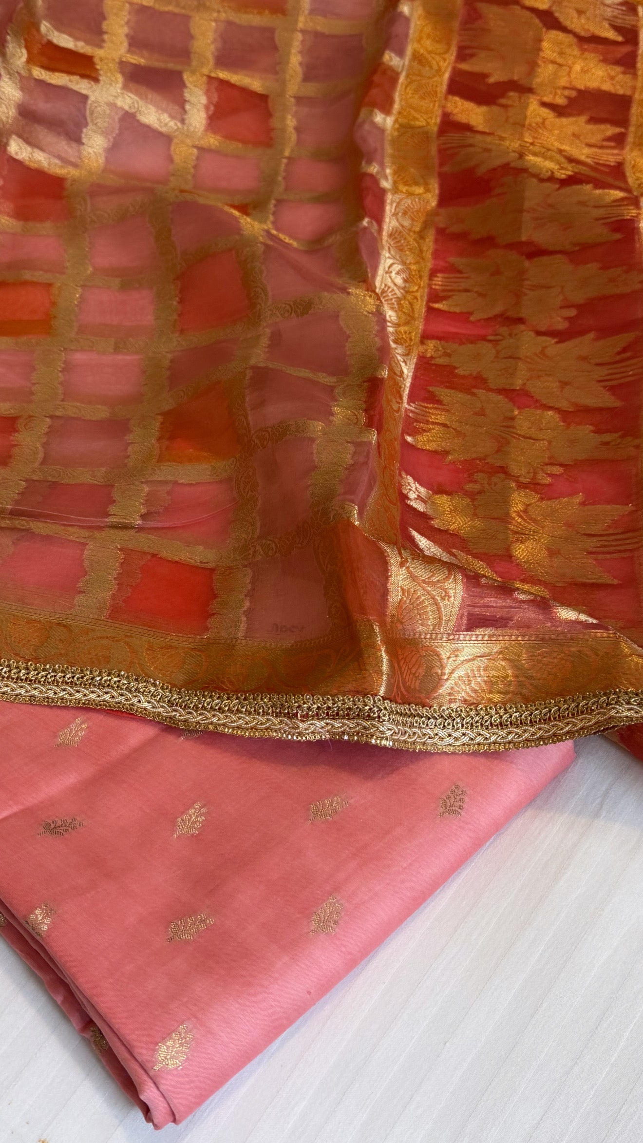 Shades of peach - Kora silk rangkaat kadhwa duppata paired silk kurta set