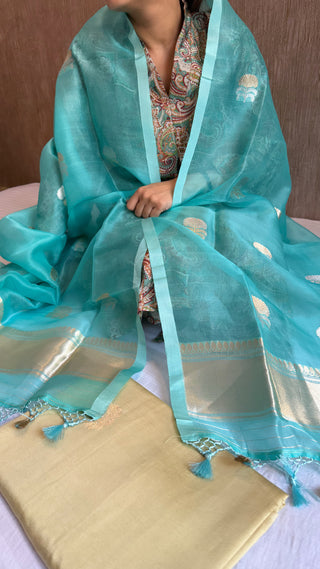 Banarasi moss green-firozi blue contrast chiniya silk kadhwa suit sets