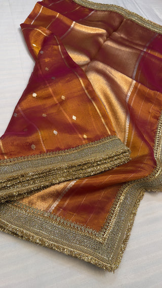 Maharani kanjivaram pinkish-orange dhup chao effect tissue silk sarees