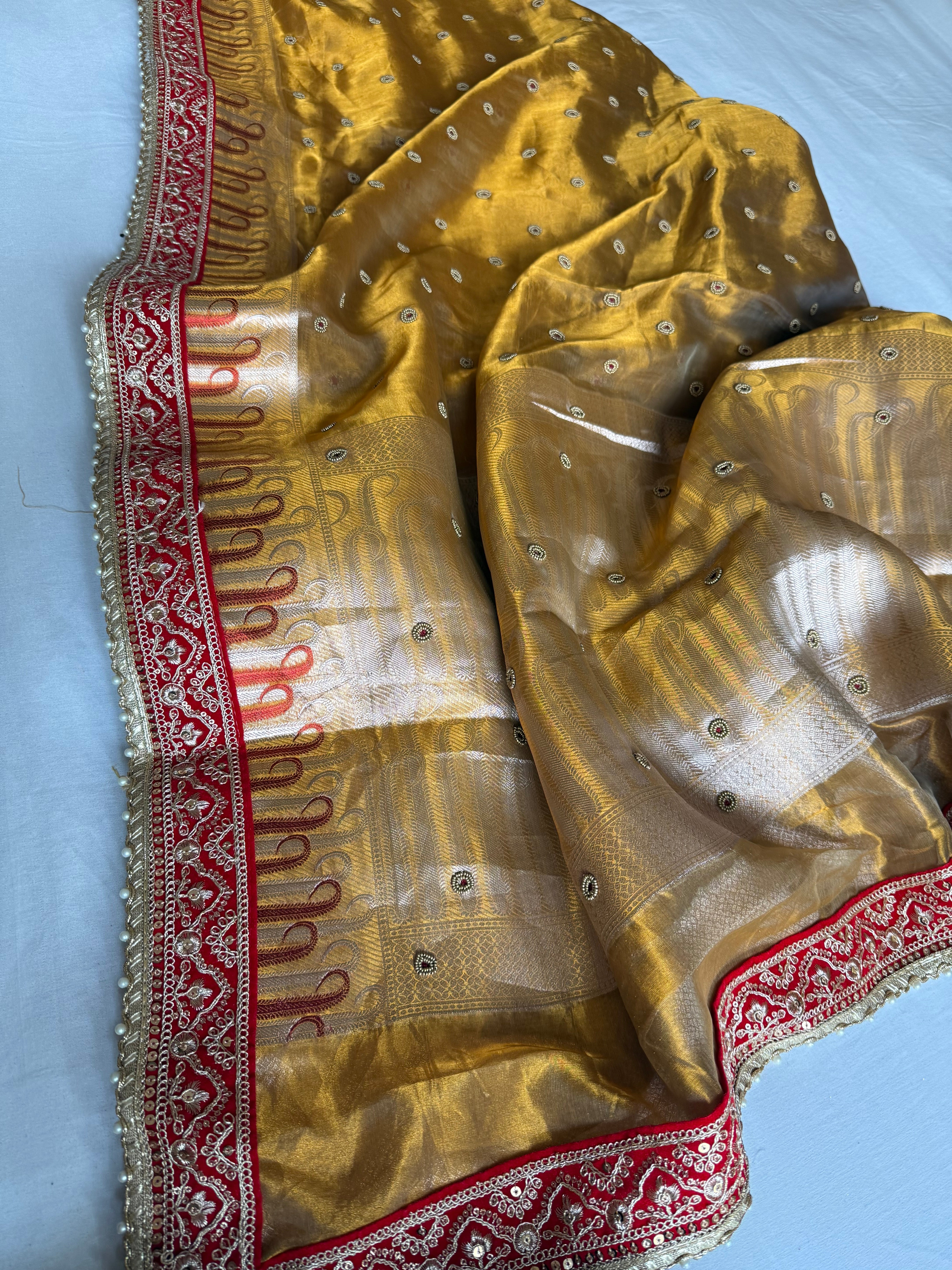 Kanjivaram gold tissue silk red meenakari hand embroidered kadhwa saree