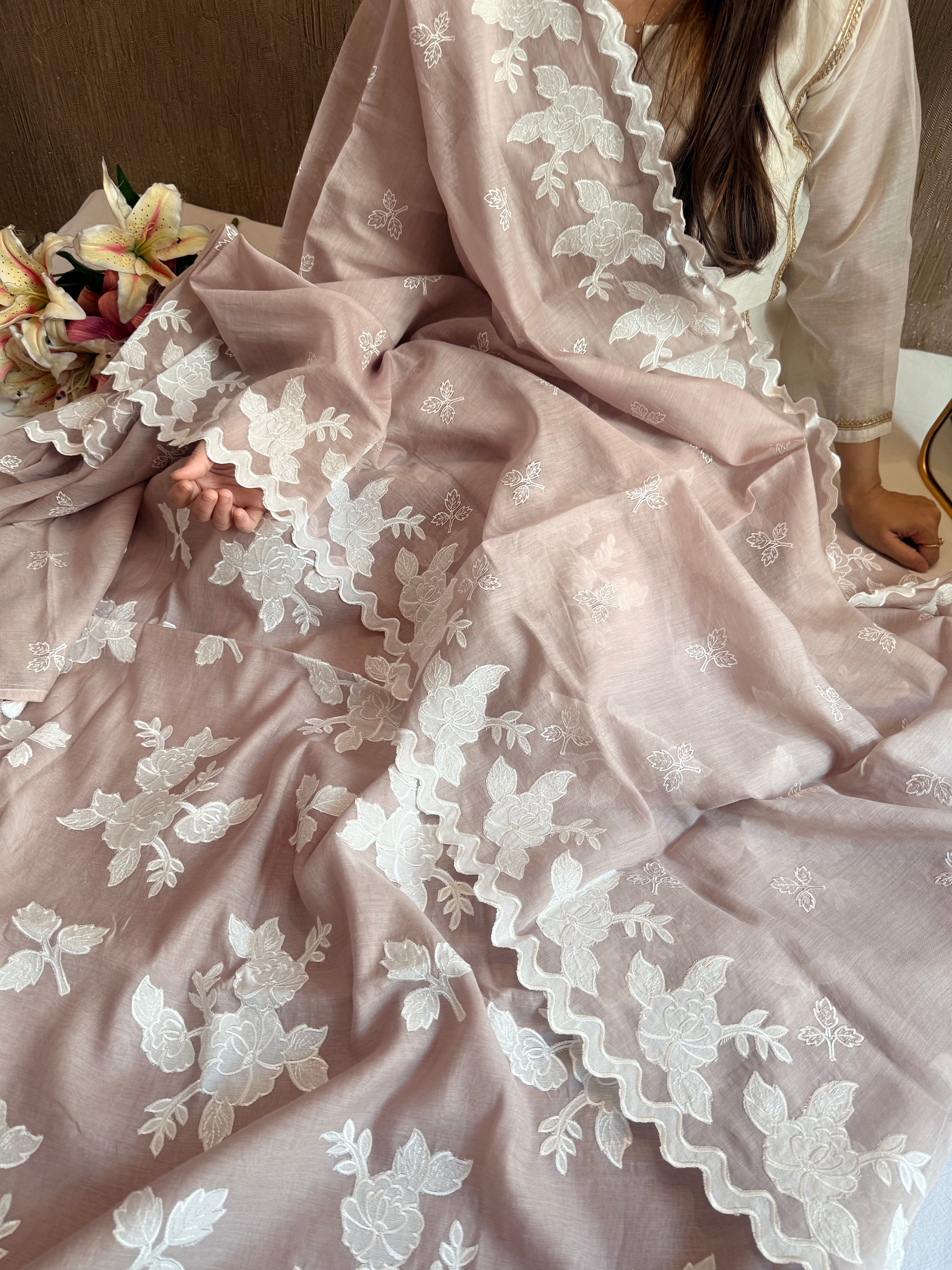 Alia bhatt inspired banarasi mulmul appliqué work suit set