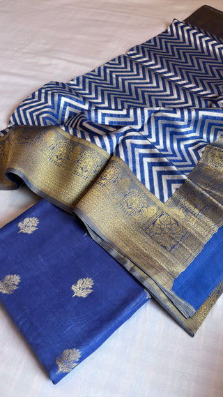 Ink blue linen kurta paired with kora silk chevron duppata and bottom suit set