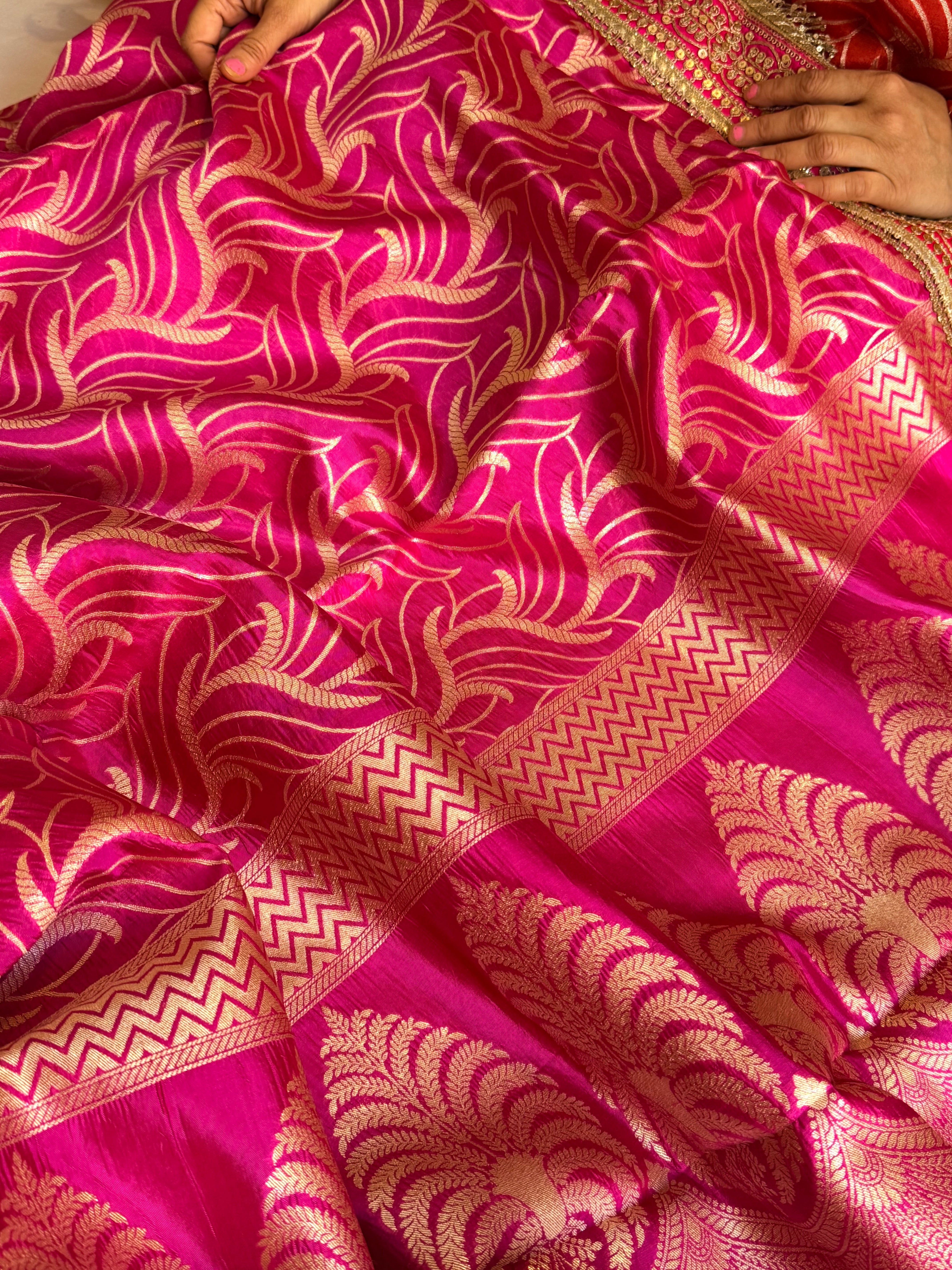 Hot pink raw mango silk abstract weaving kadhwa saree
