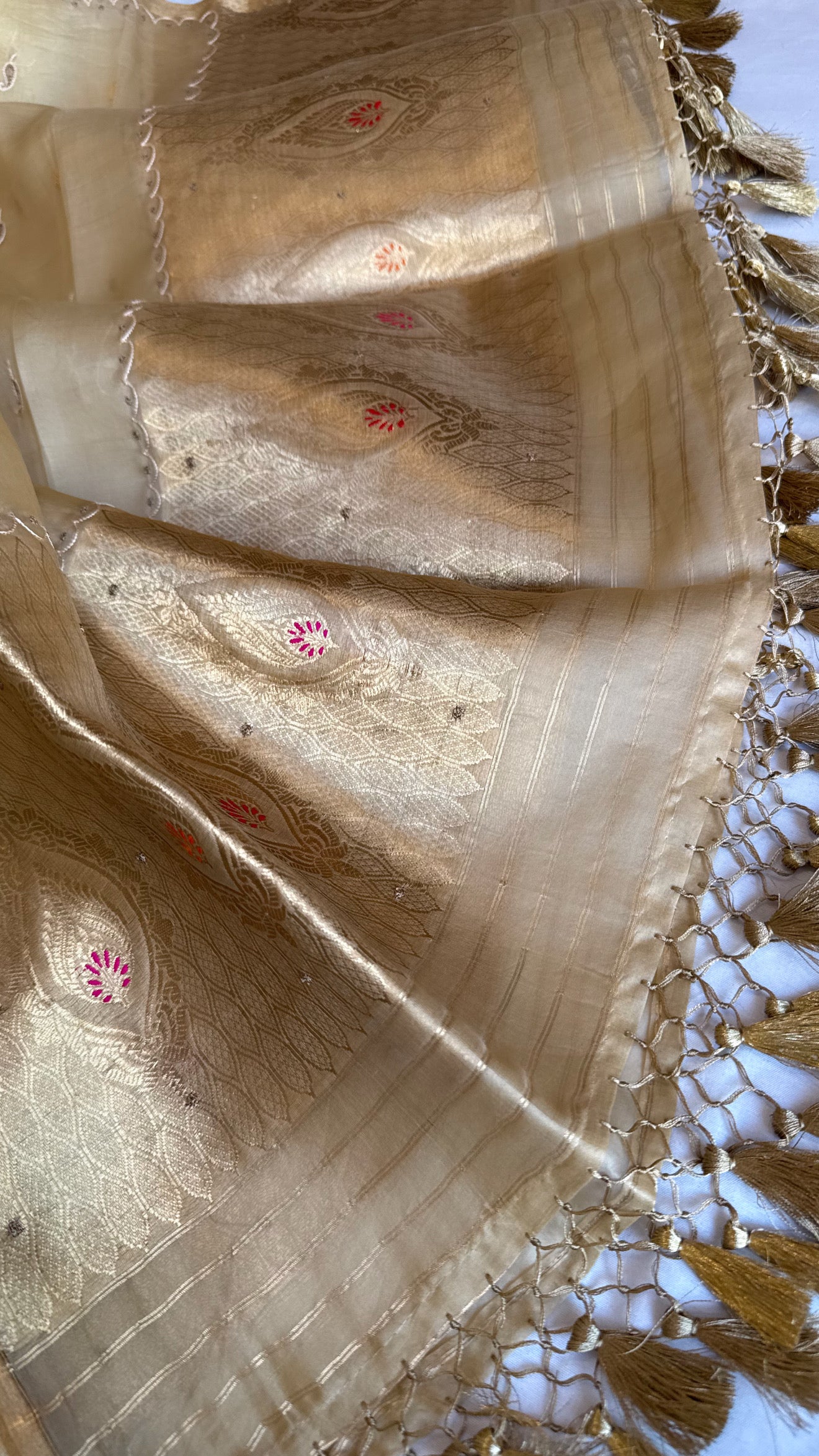 Soft gold resham hand embroidered linen gorgette kurta paired with kora silk duppata