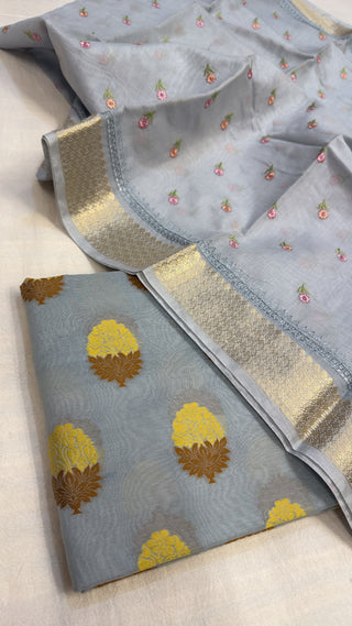 Sage blue mul cotton meenakari kadhwa banarasi suit set