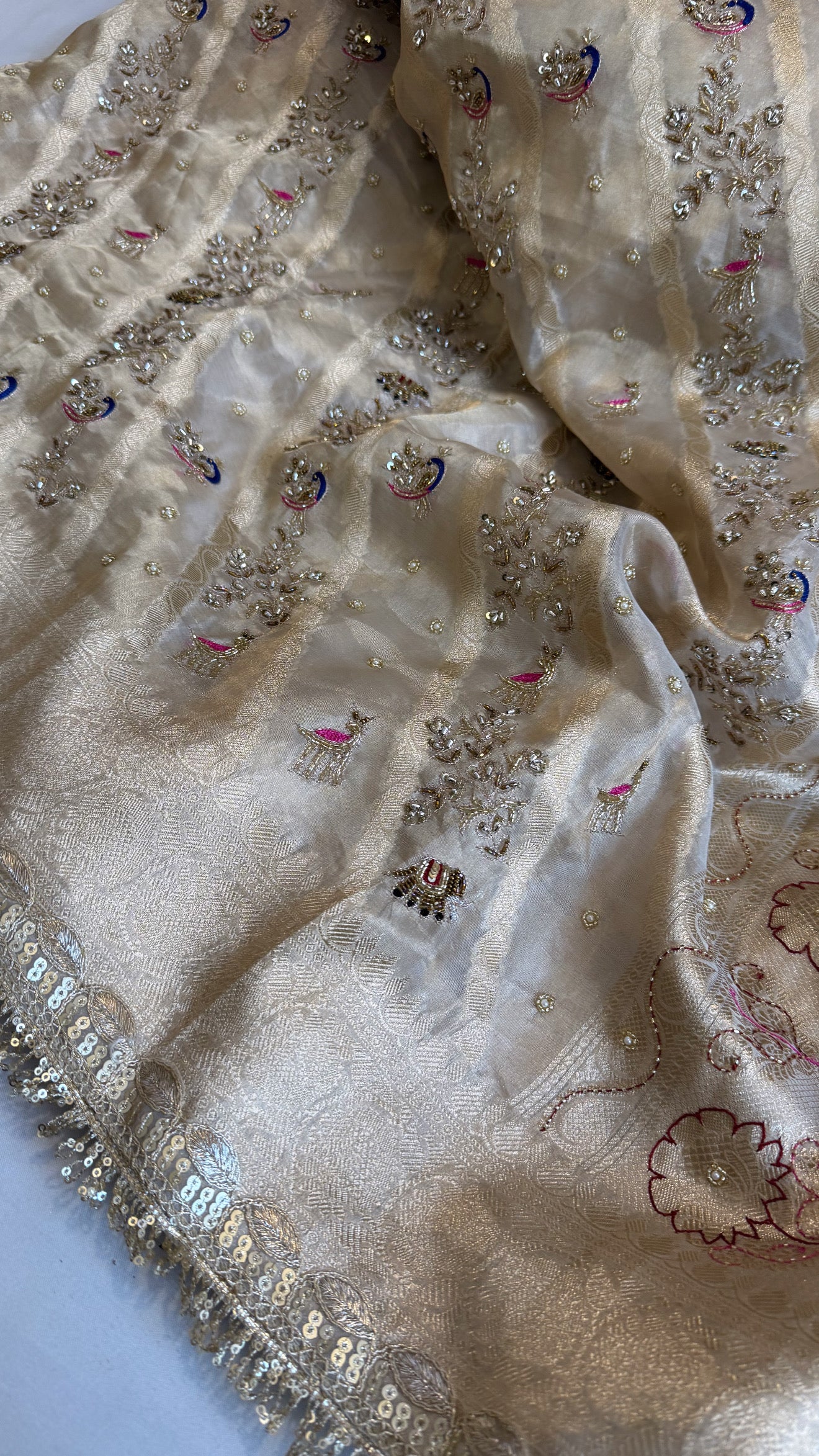 Nayi suhagan edit - Ivory gold tissue silk jungla shikargah marodi and zardozi hand embroidered jaal work saree