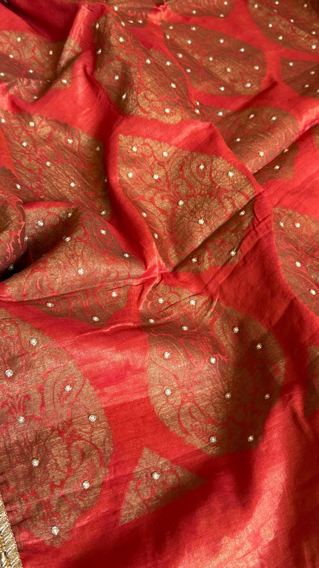 Chilly red tissue gorgette kadhwa antique zari hand embroidered saree