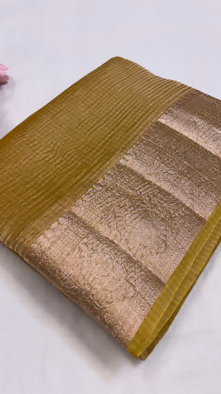 Pure banarasi golden yellow crushed tissue silk handwoven kadhwa saree with intricate border and kadhwa blouse