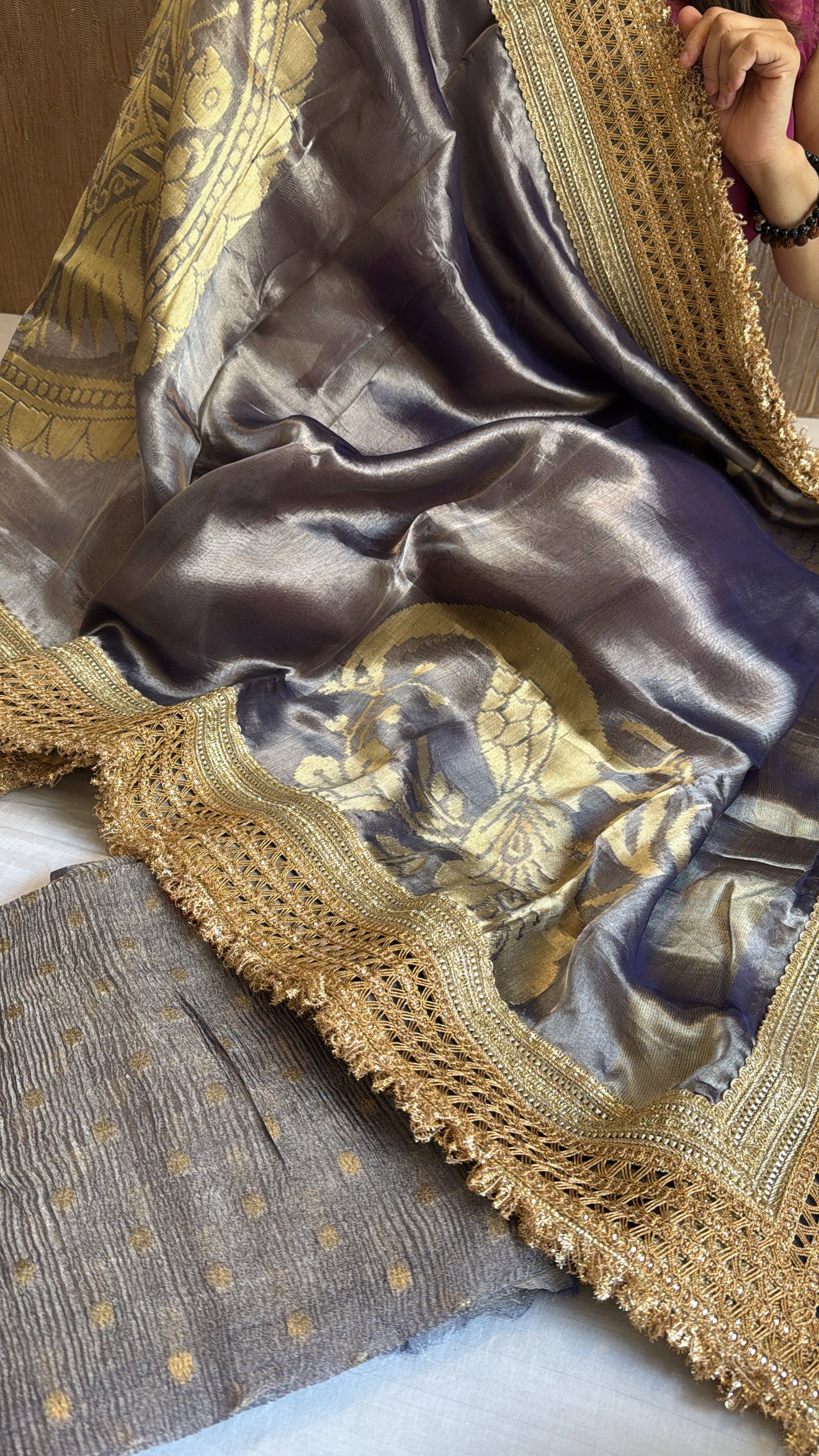 Steel grey crushed tissue silk kadhwa banarasi suit set