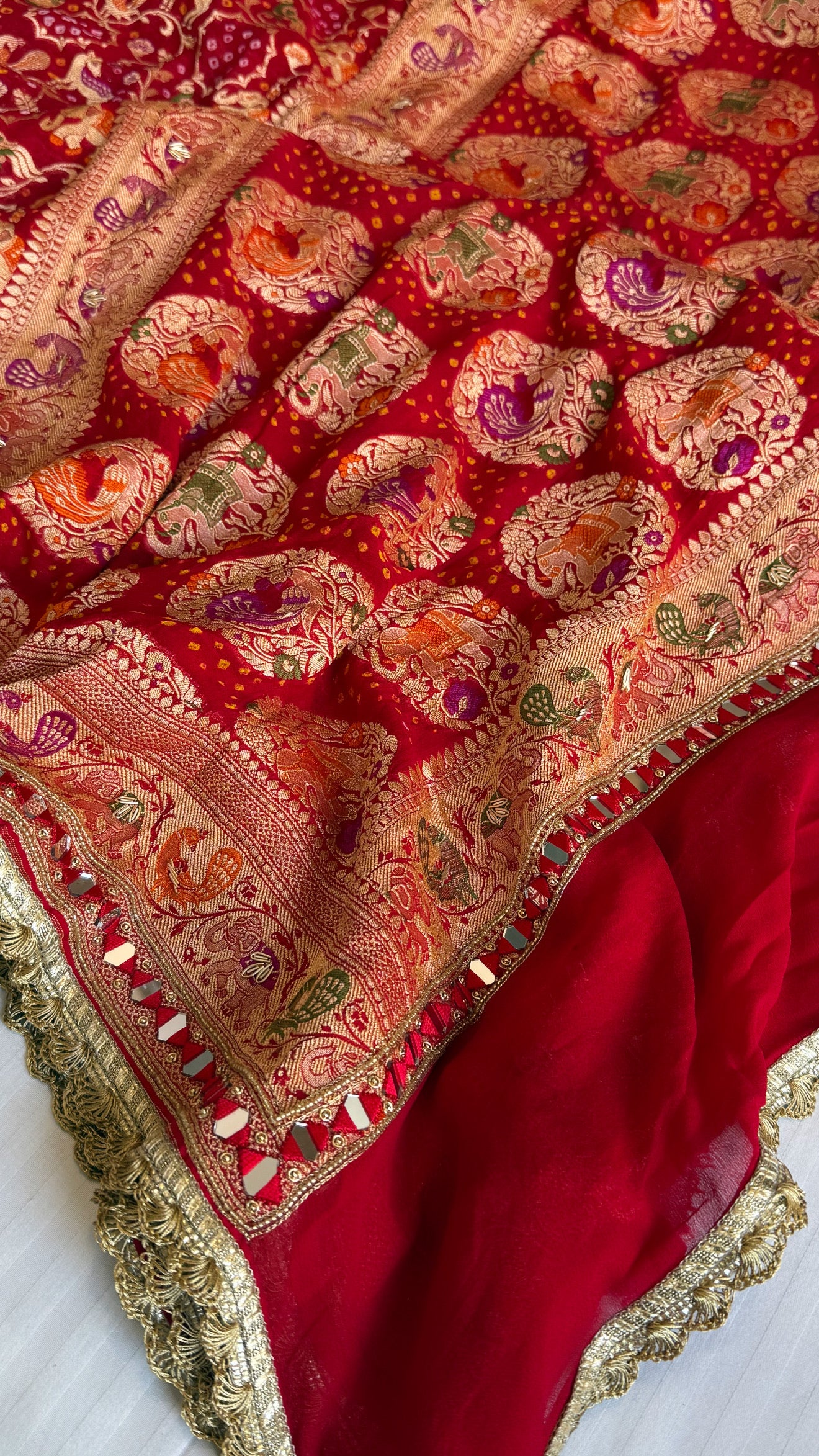 Mirror work shikargah motif hand embroidered banarasi bandhej saree