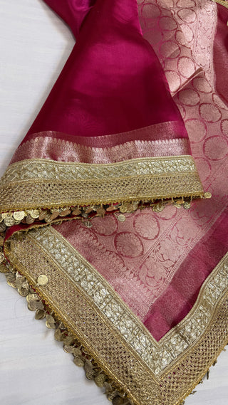 Maharani hot cranberry pink tissue silk kadhwa saree