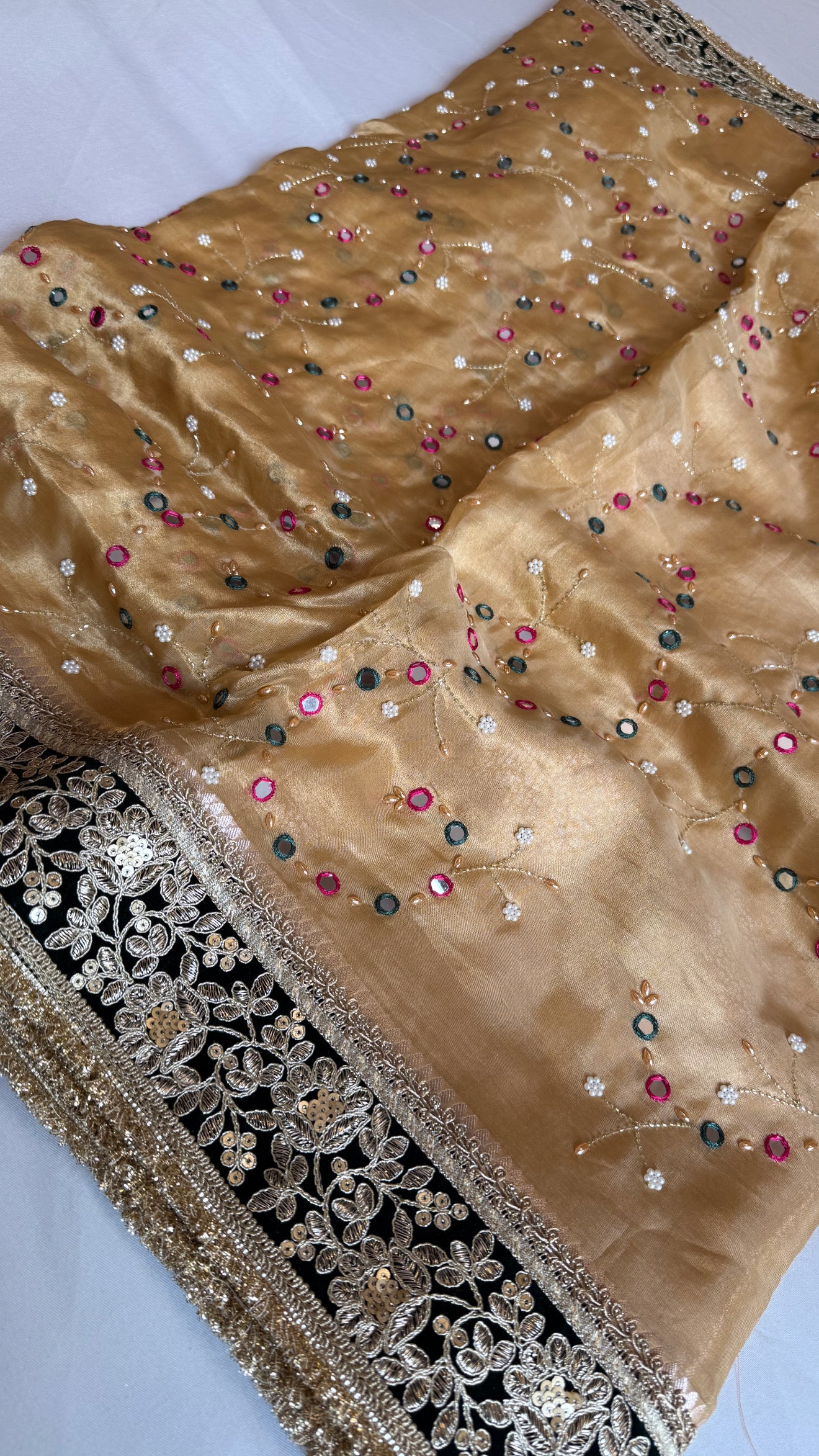 Sheesham edit - Heavy double tissue silk mirror work hand embroidered saree