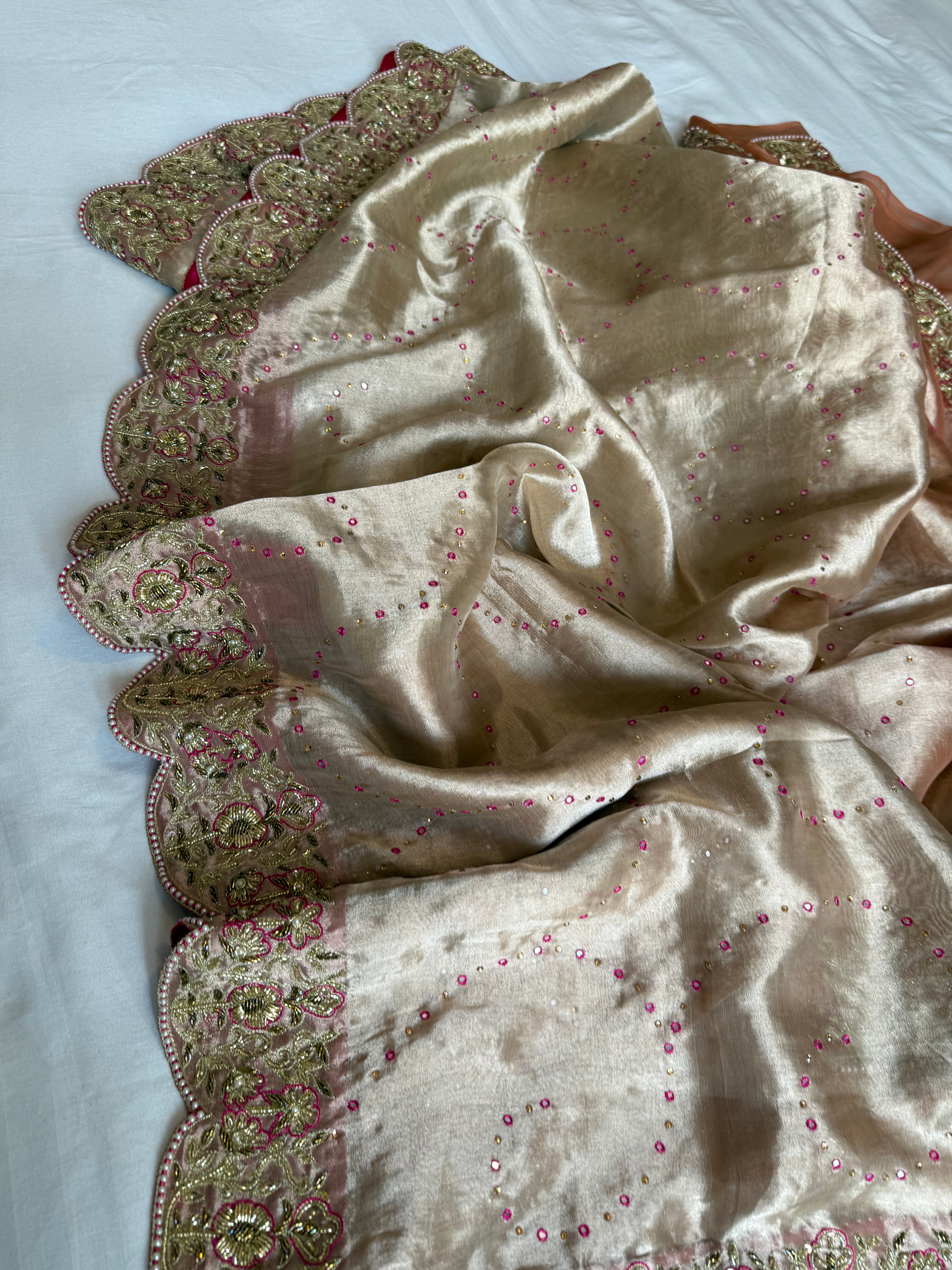 Umrao jaan inspired double diamond tissue silk zardozi hand embroidered saree