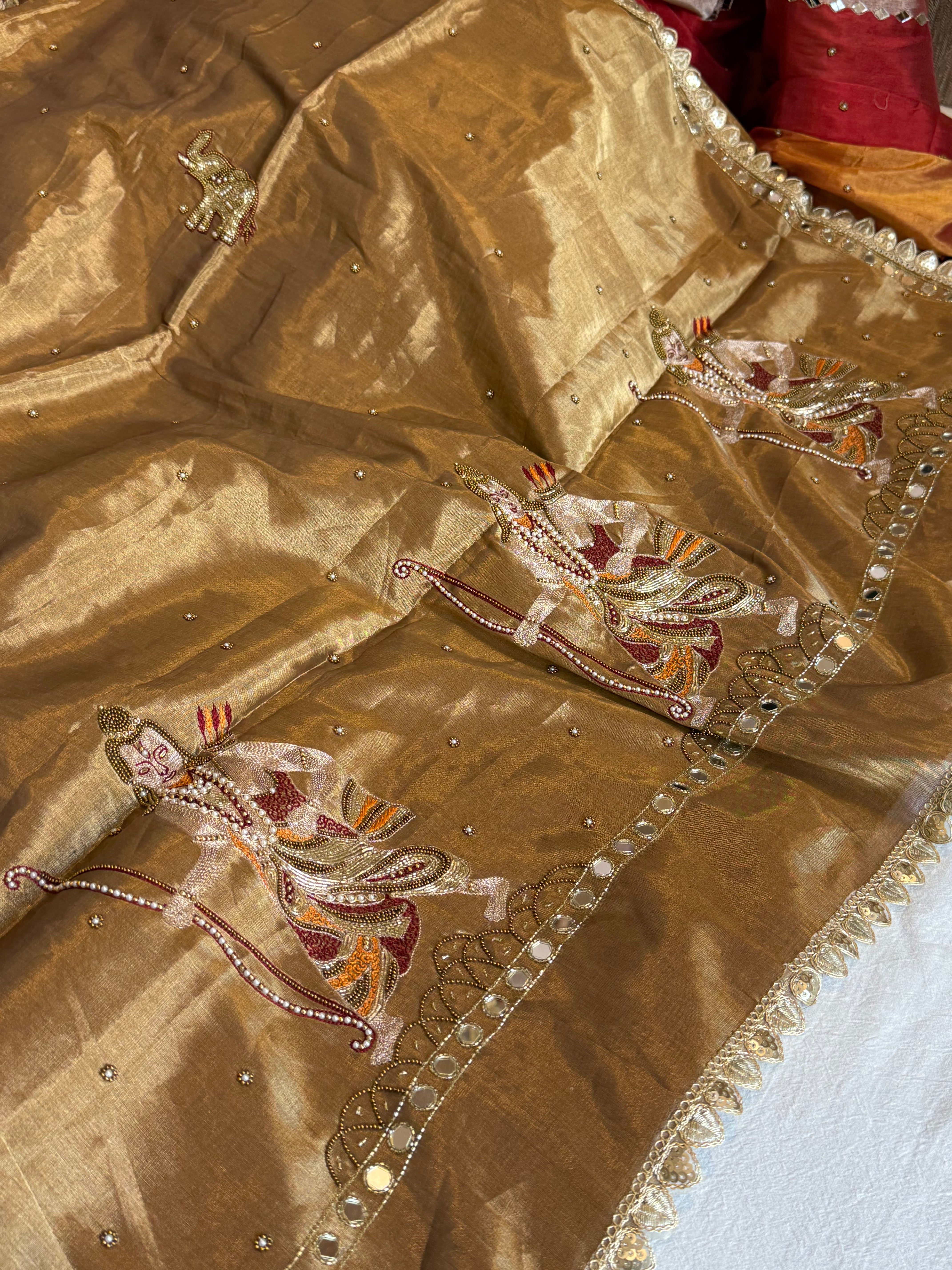 Satin tissue silk soft antique gold hand embroidered kadhwa saree