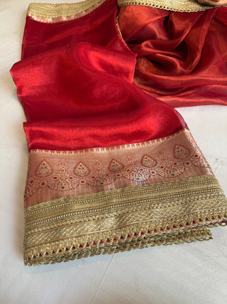 Viral maharani dhup chao red tissue silk meenakari kadhwa saree