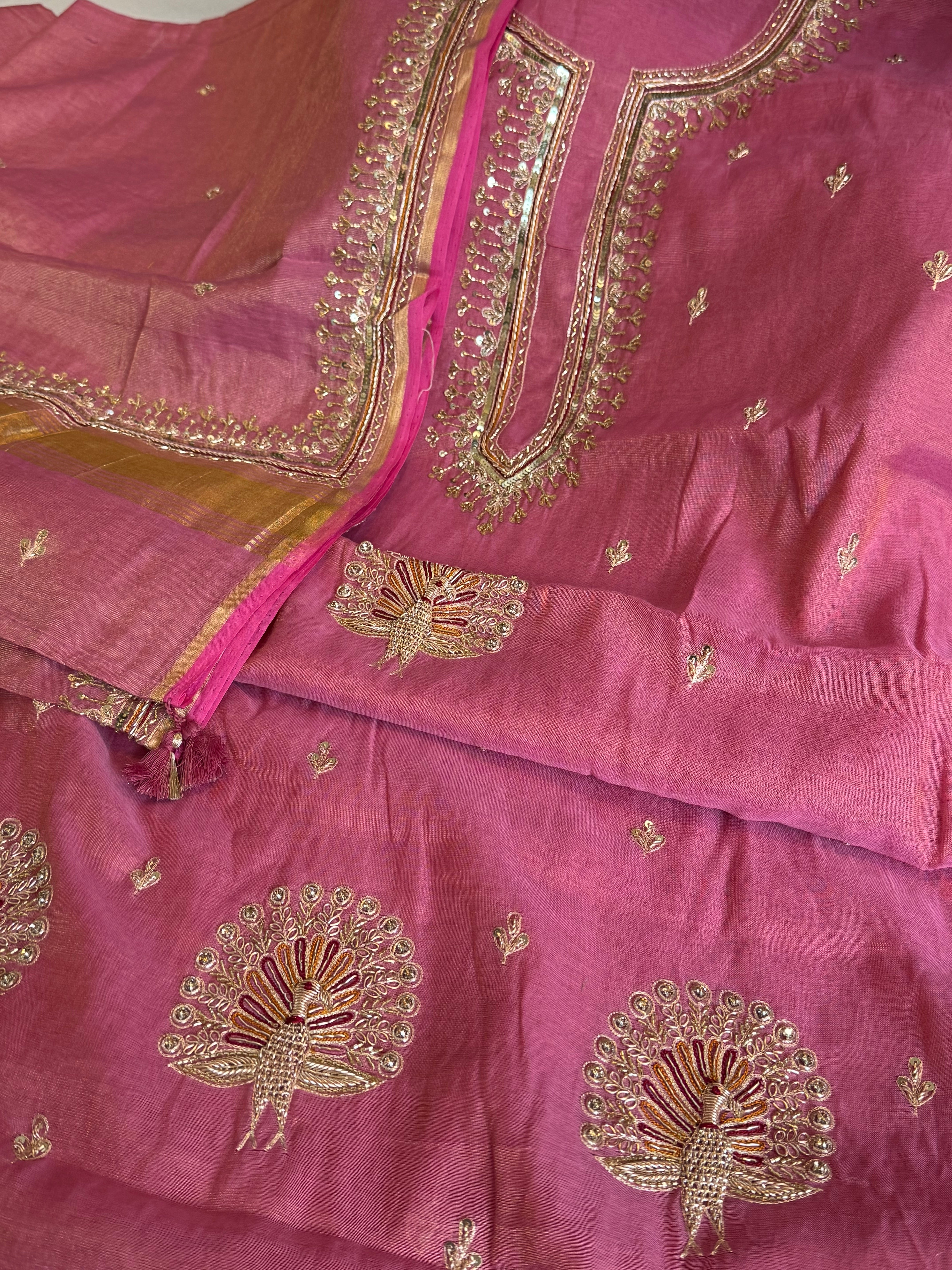 Candy pink mul cotton tissue silk hand embroidered kadhwa suit set