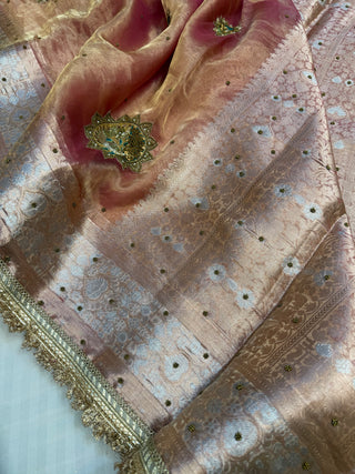 Cocktail wali saree - Peachy pink tissue silk heavy hand embroidered saree