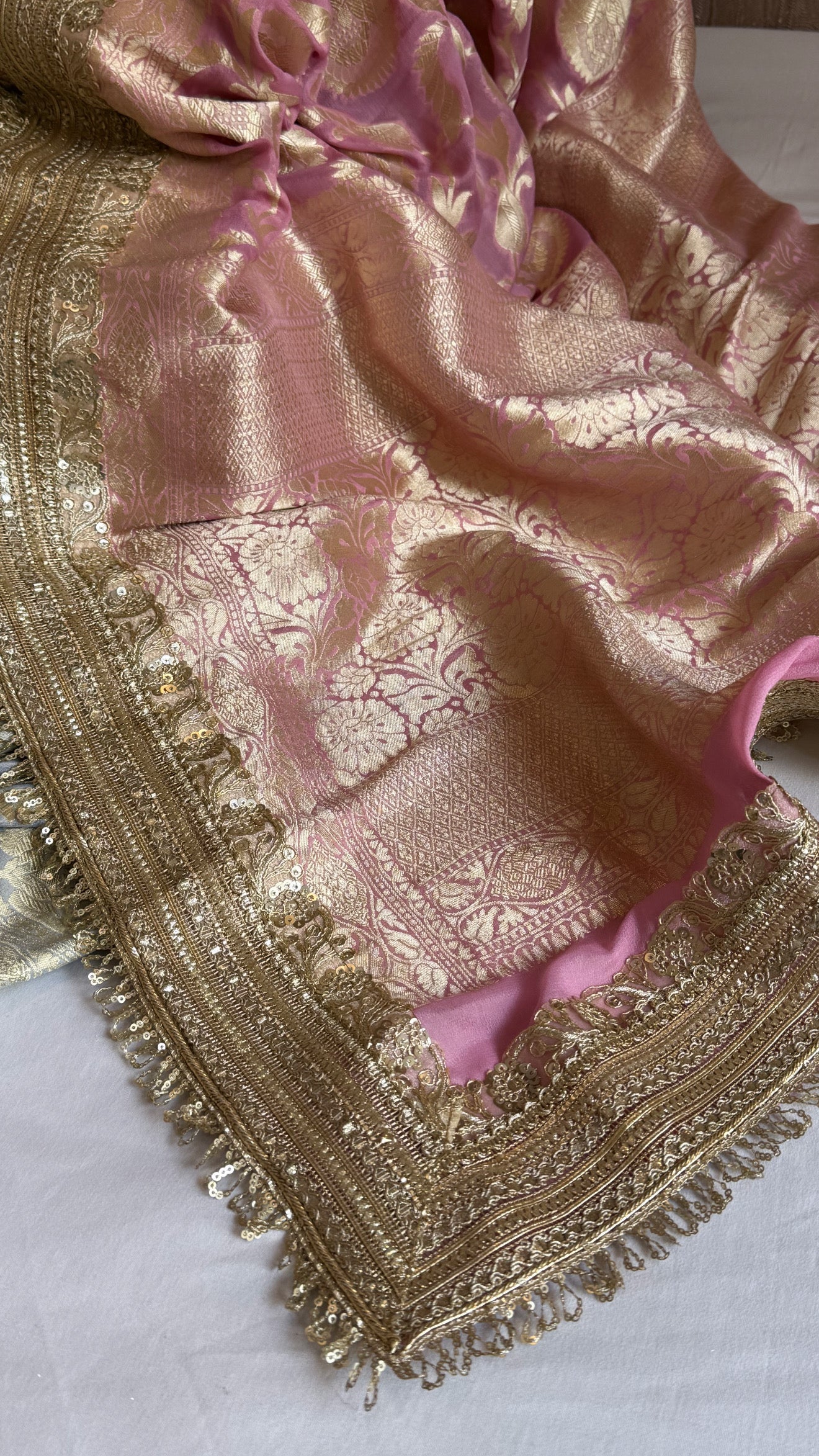 Gayatri devi inspired banarasi chiffon gorgette shaded kadhwa jaal sarees